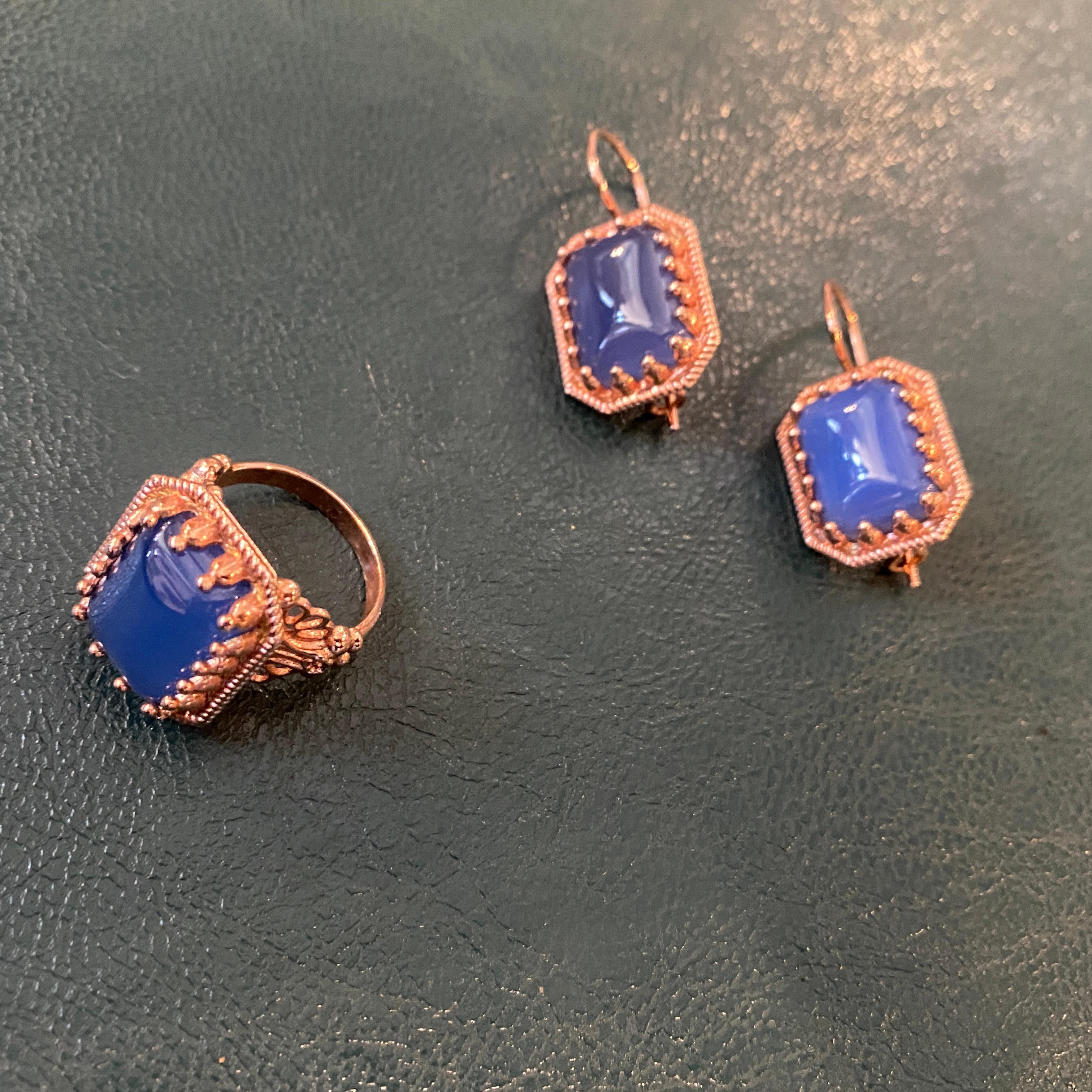 1990s Bronze and Blue Agate Italian Ring and Earrings by Anomis In Excellent Condition For Sale In Aci Castello, IT
