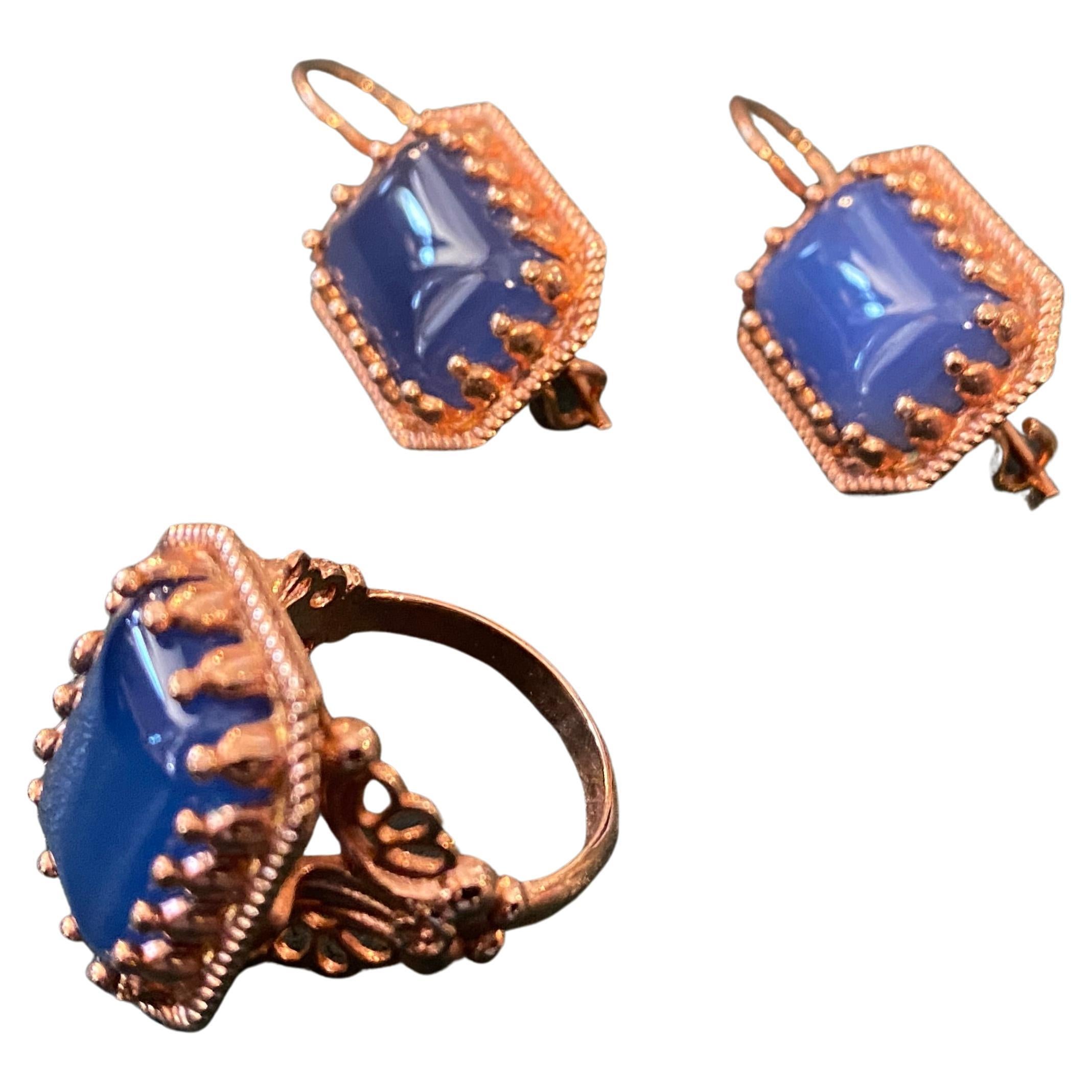 1990s Bronze and Blue Agate Italian Ring and Earrings by Anomis