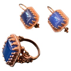 1990s Bronze and Blue Agate Italian Ring and Earrings by Anomis