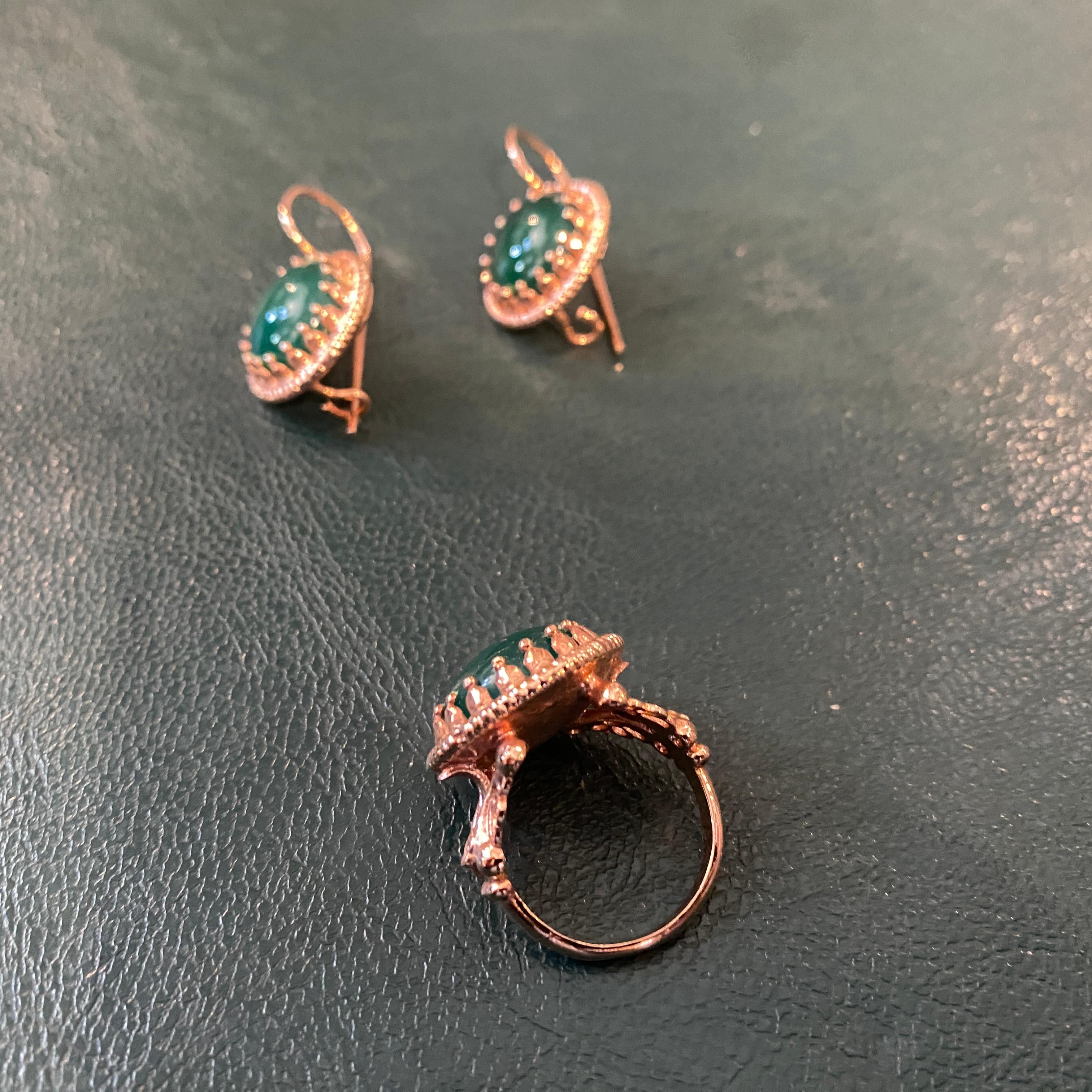 1990s Bronze and Green Agate Italian Rings and Earrings by Anomis In New Condition For Sale In Aci Castello, IT