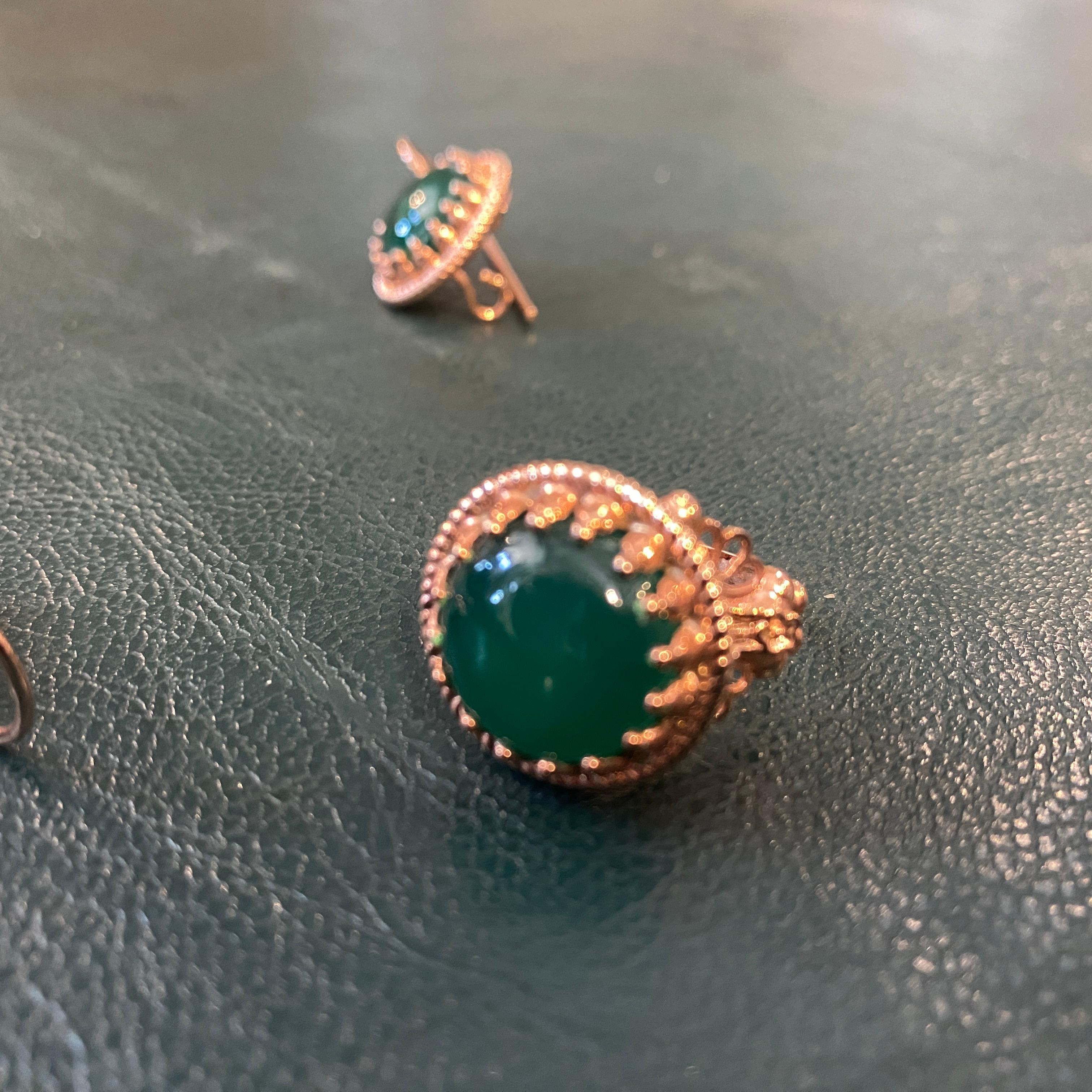 1990s Bronze and Green Agate Italian Rings and Earrings by Anomis For Sale 2