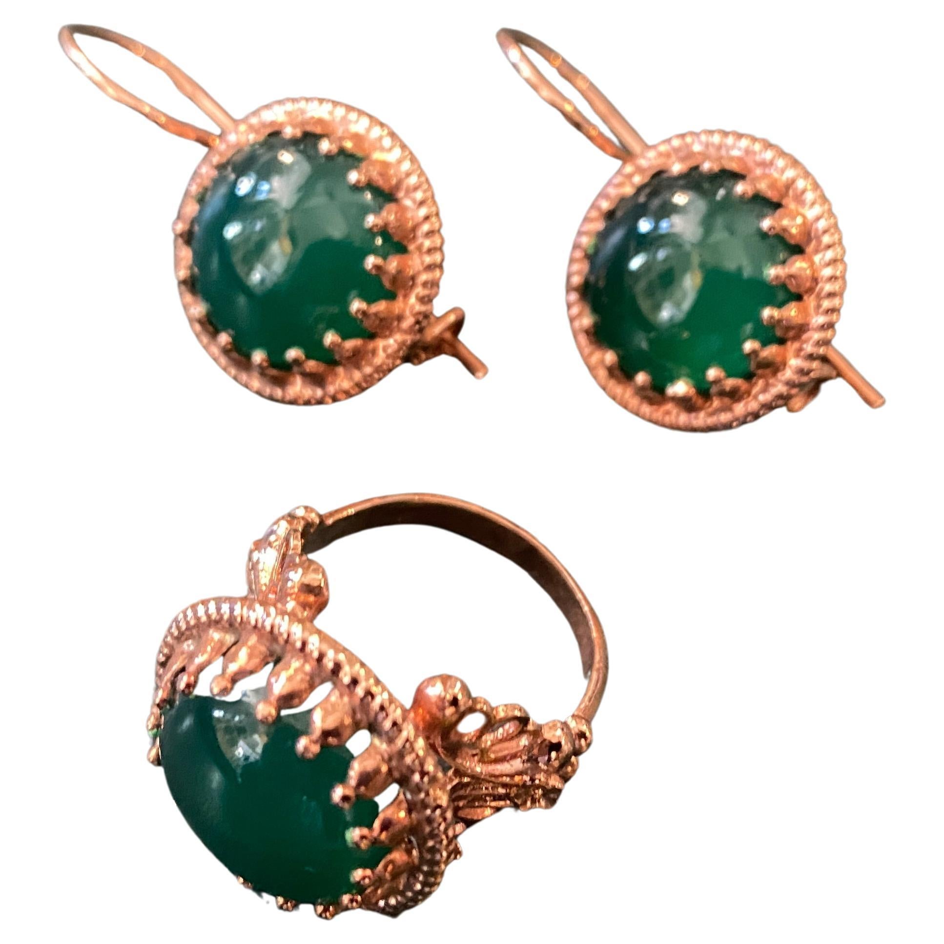 1990s Bronze and Green Agate Italian Rings and Earrings by Anomis For Sale