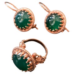 Vintage 1990s Bronze and Green Agate Italian Rings and Earrings by Anomis