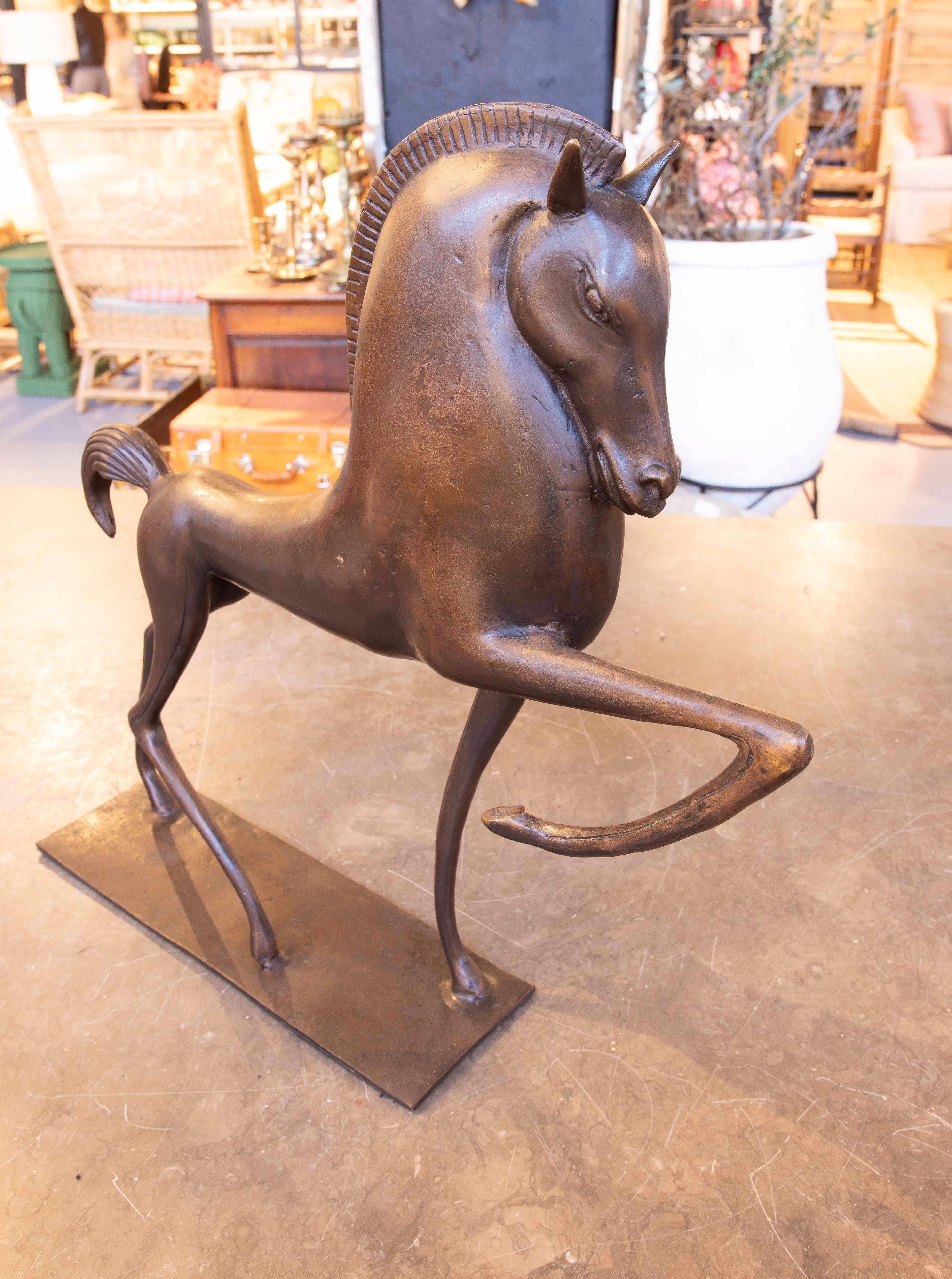 20th Century 1990s Bronze Horse Sculpture with Dynamic Posture and Rectangular Base For Sale