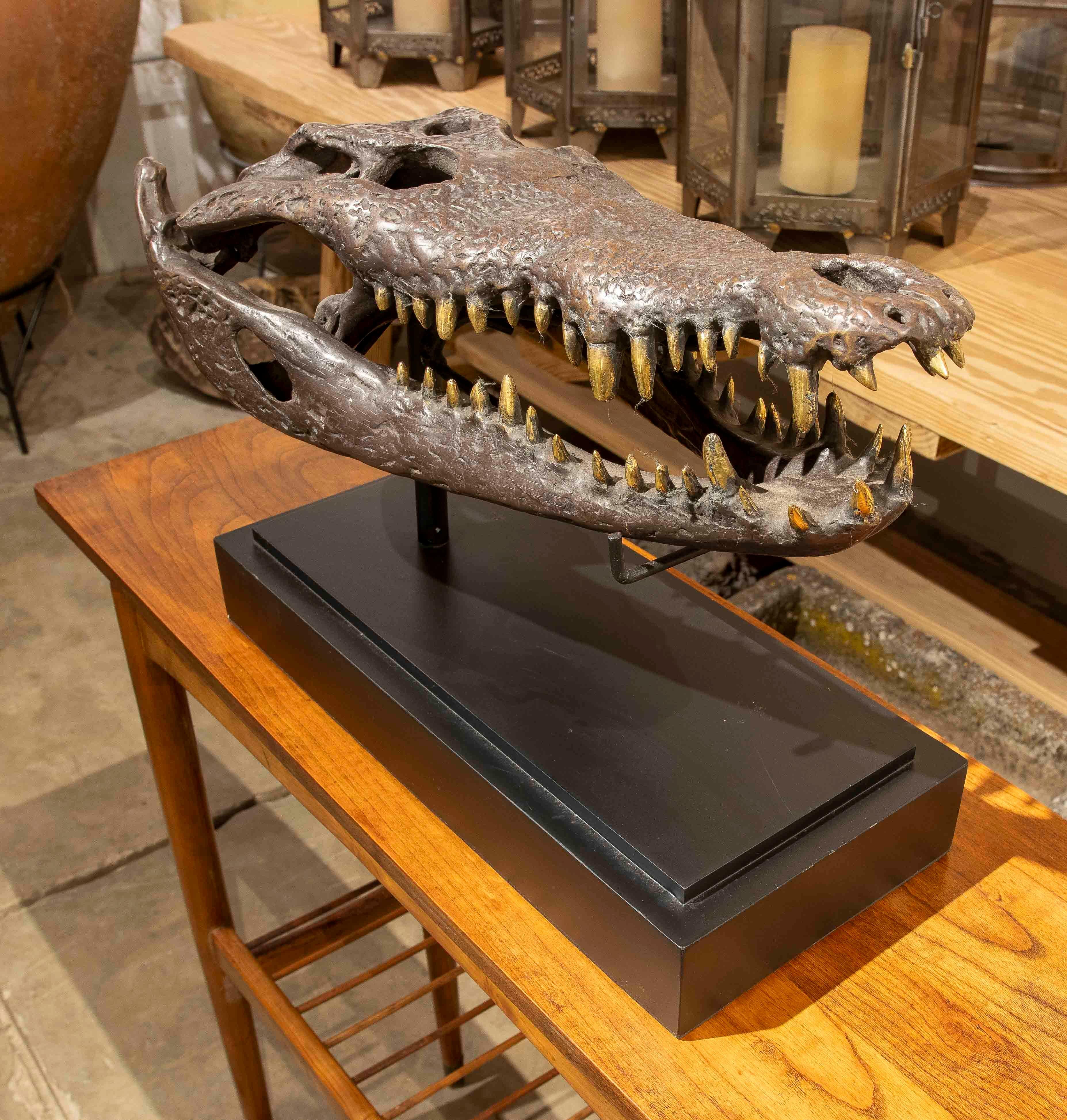 Spanish 1990s Bronze Sculptural Replica of a Crocodile Skull on a Base For Sale