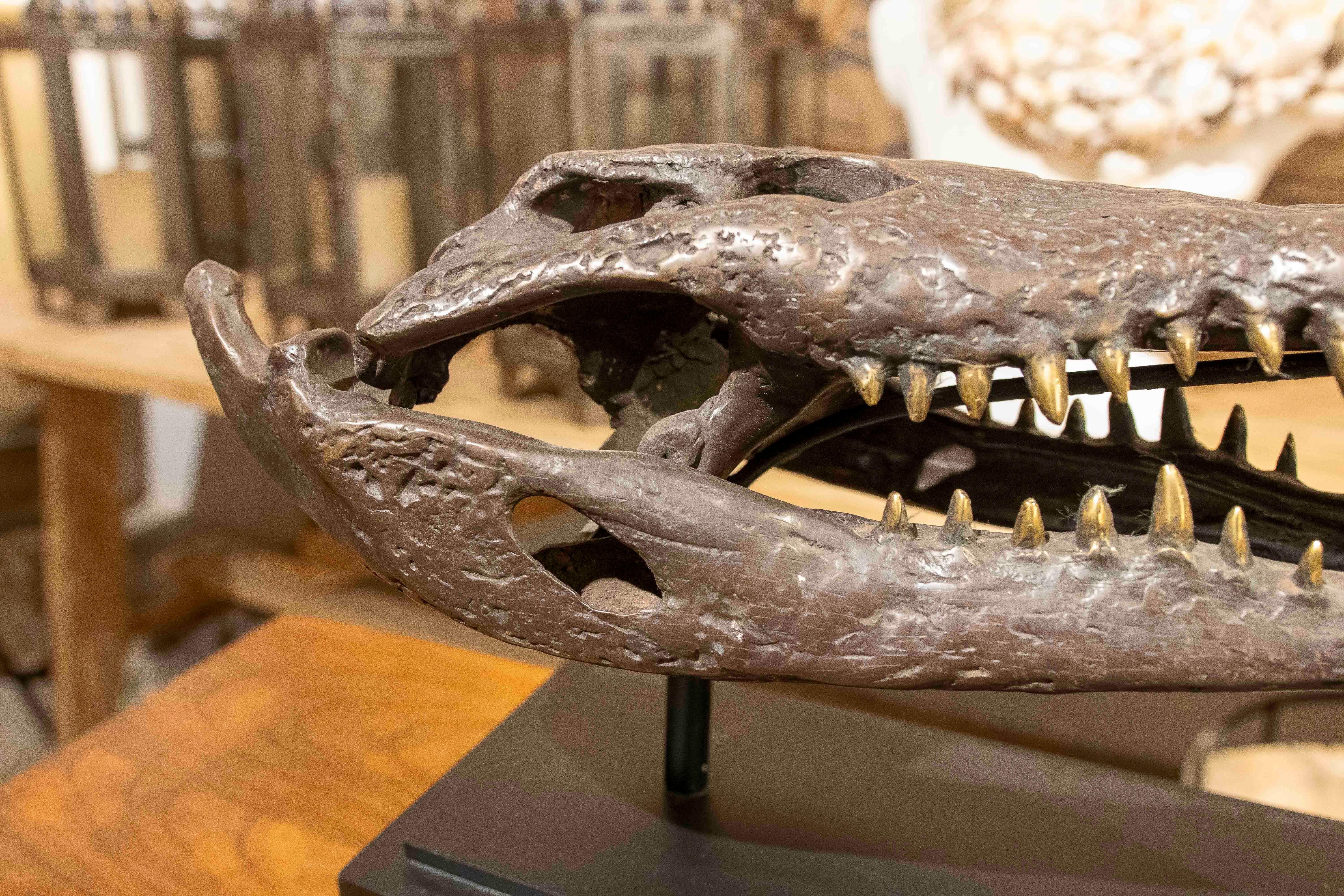 1990s Bronze Sculptural Replica of a Crocodile Skull on a Base For Sale 3