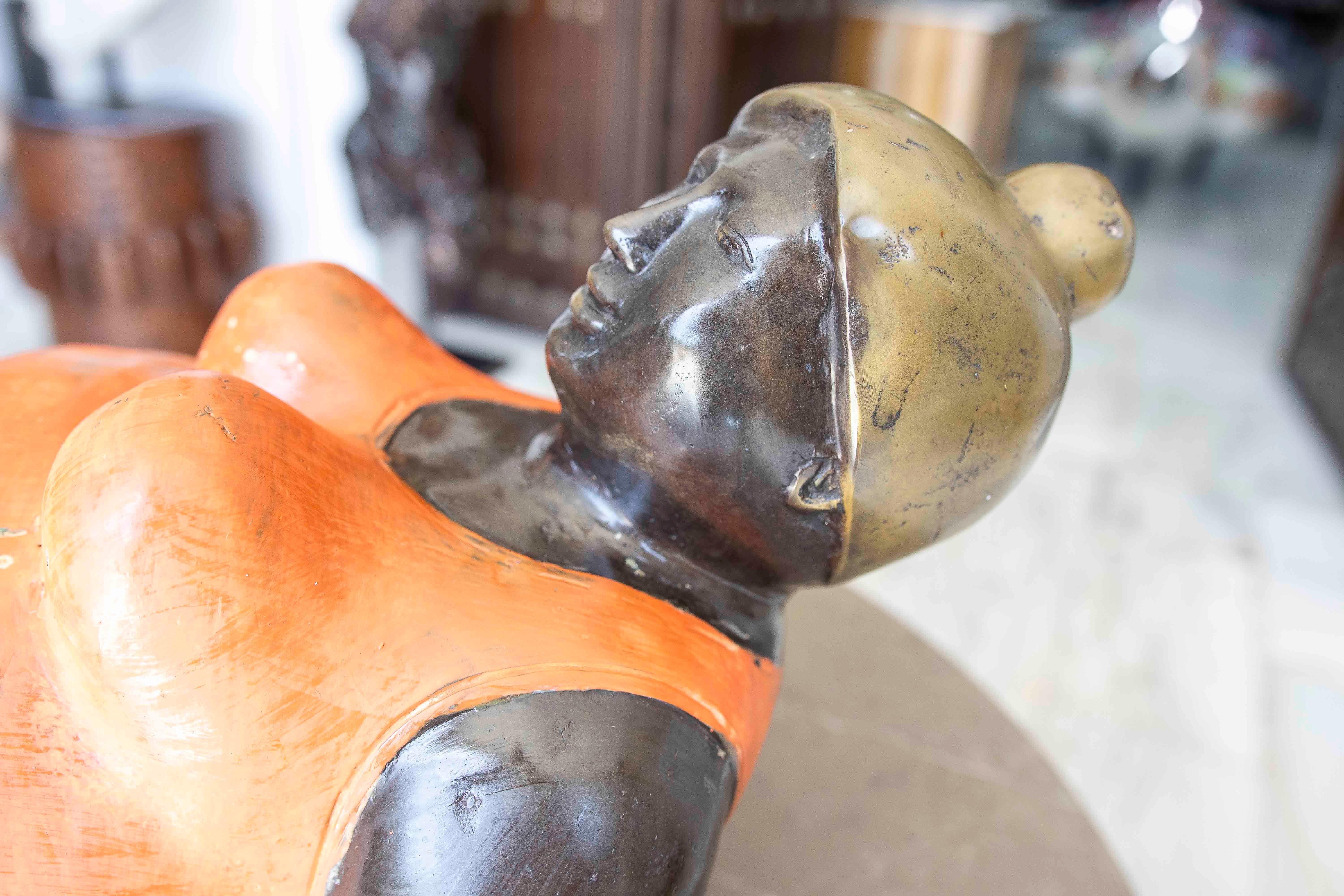 1990s Bronze Sculpture of a Reclining Woman in an Orange Swimsuit For Sale 6