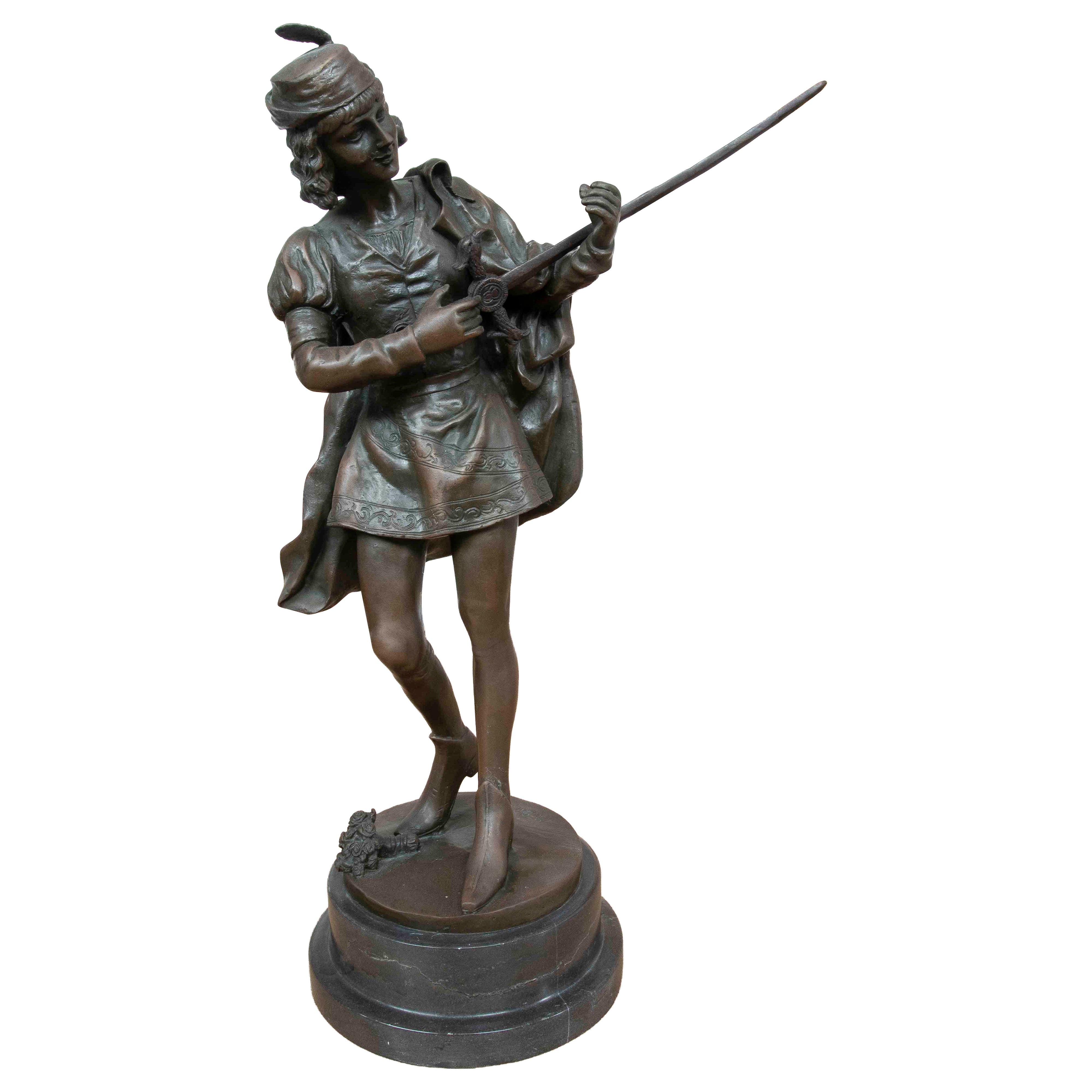 1990s Bronze Sculpture of a Young Man with a Sword on a Marble Base For Sale