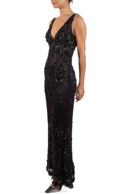 1990S Brown & Black Beaded Silk Chiffon Lace Gown