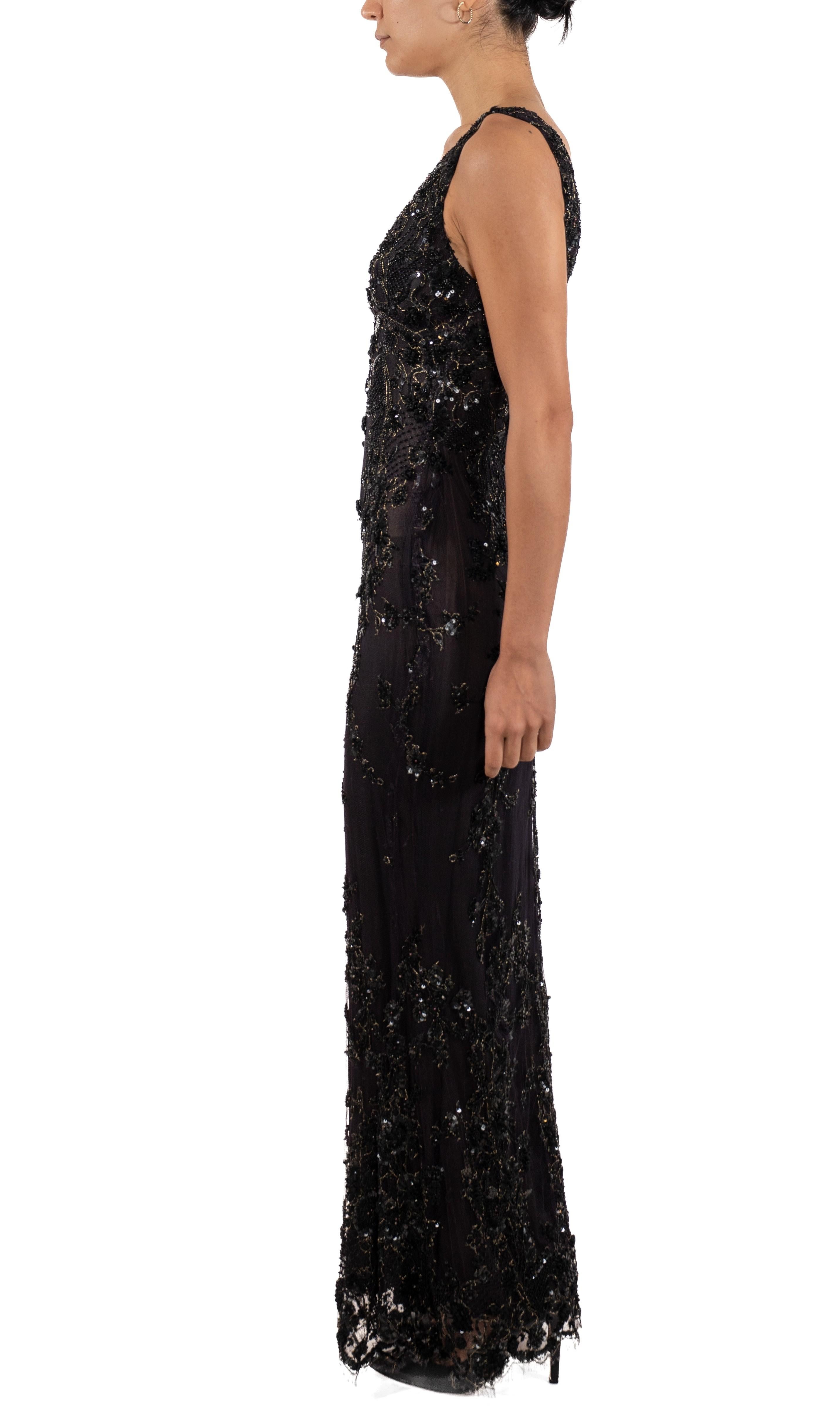 1990S Brown & Black Beaded Silk Chiffon Lace Gown In Good Condition For Sale In New York, NY