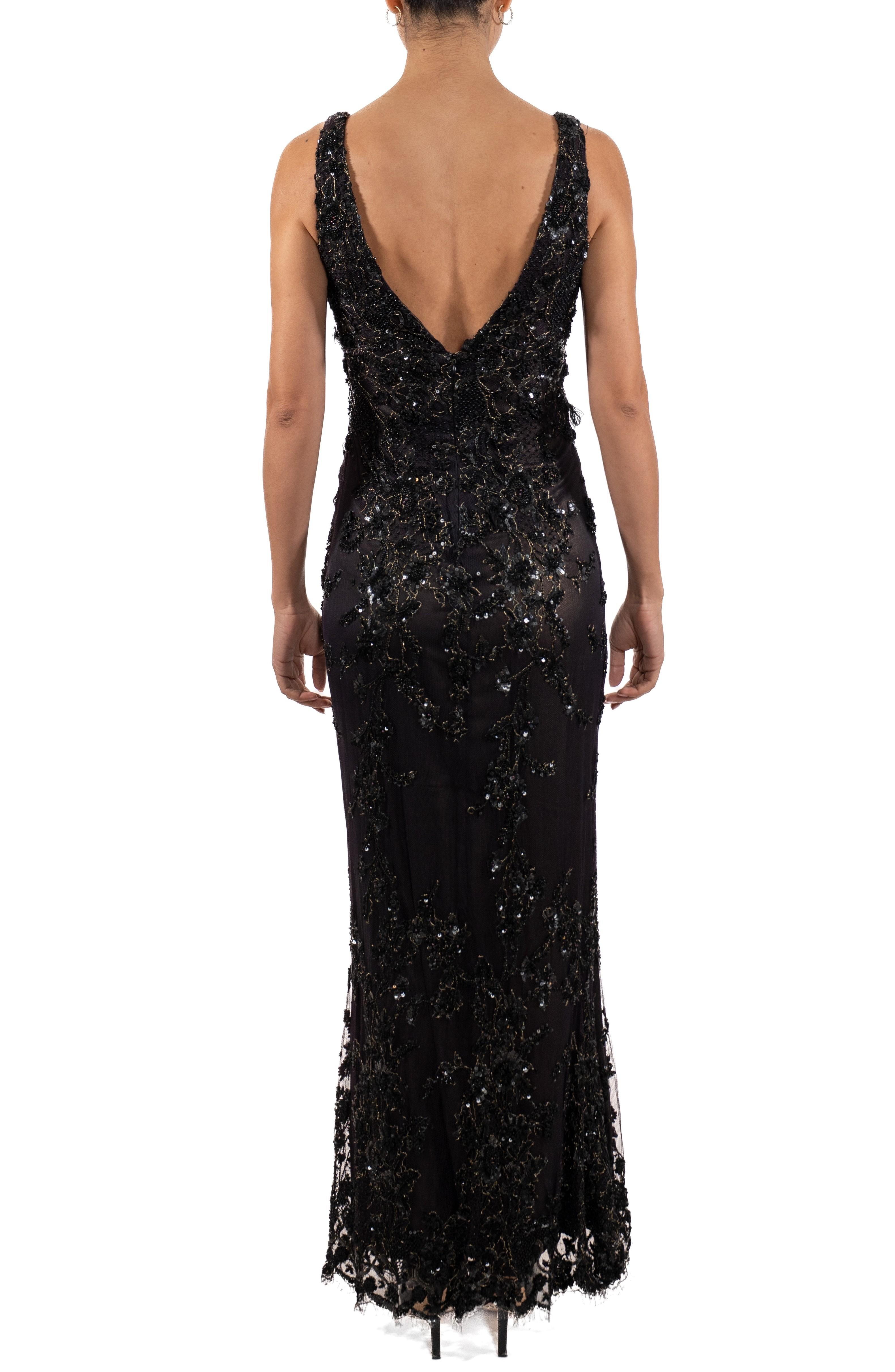 Women's 1990S Brown & Black Beaded Silk Chiffon Lace Gown For Sale