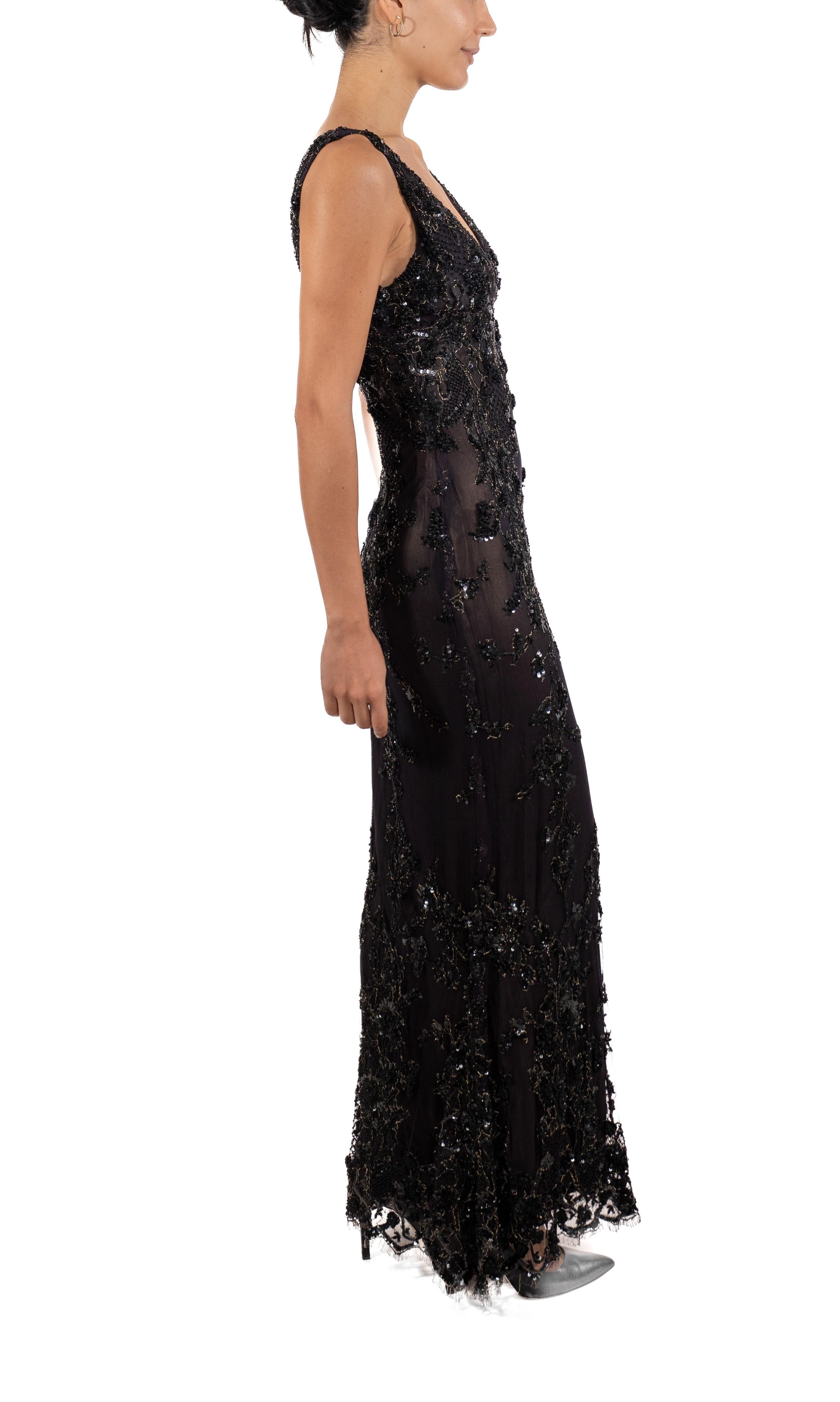 1990S Brown & Black Beaded Silk Chiffon Lace Gown For Sale 1