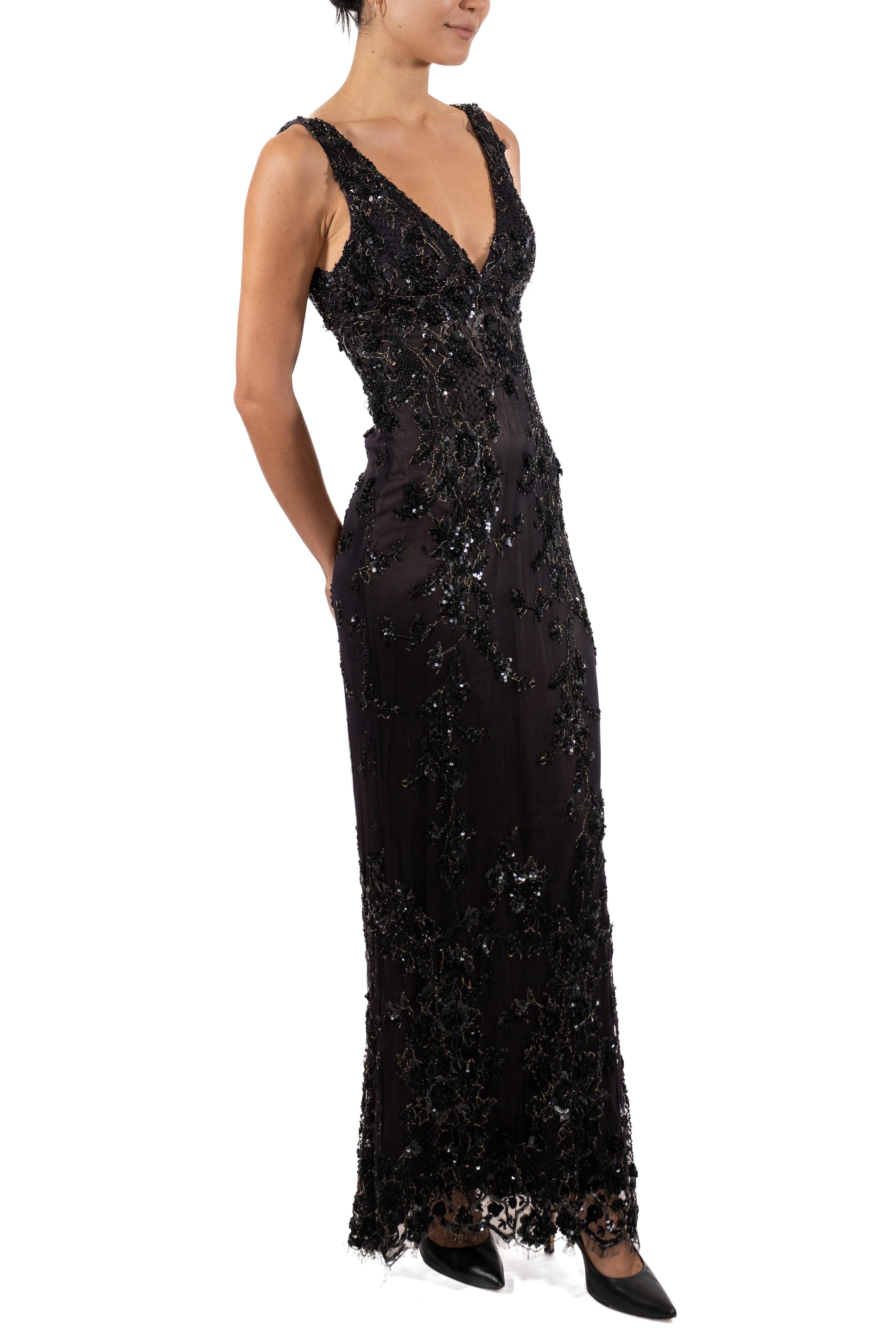 1990S Brown & Black Beaded Silk Chiffon Lace Gown For Sale 3