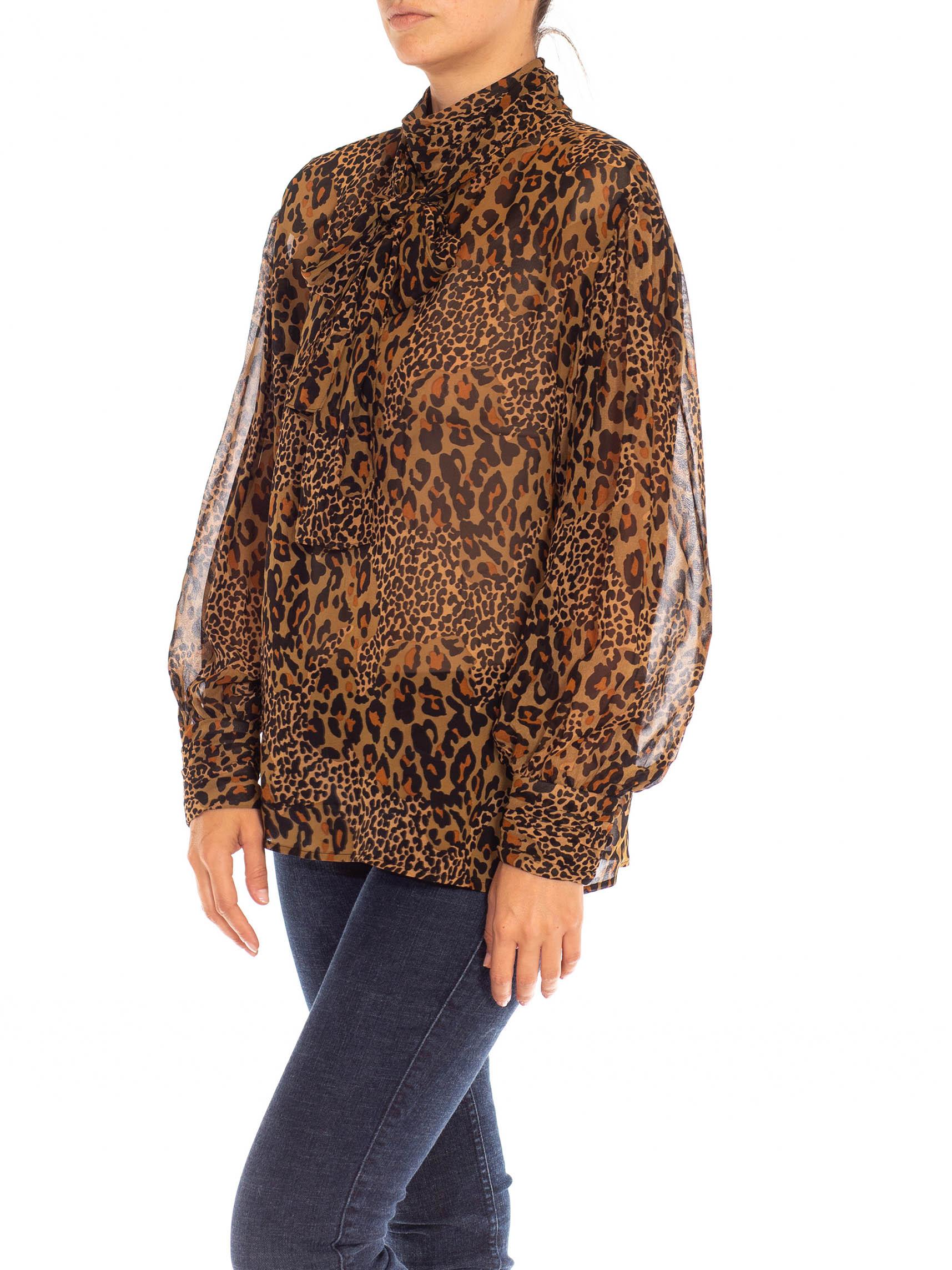 1990S Brown & Black Leopard Silk Chiffon Mixed Scale Print Blouse In Excellent Condition In New York, NY