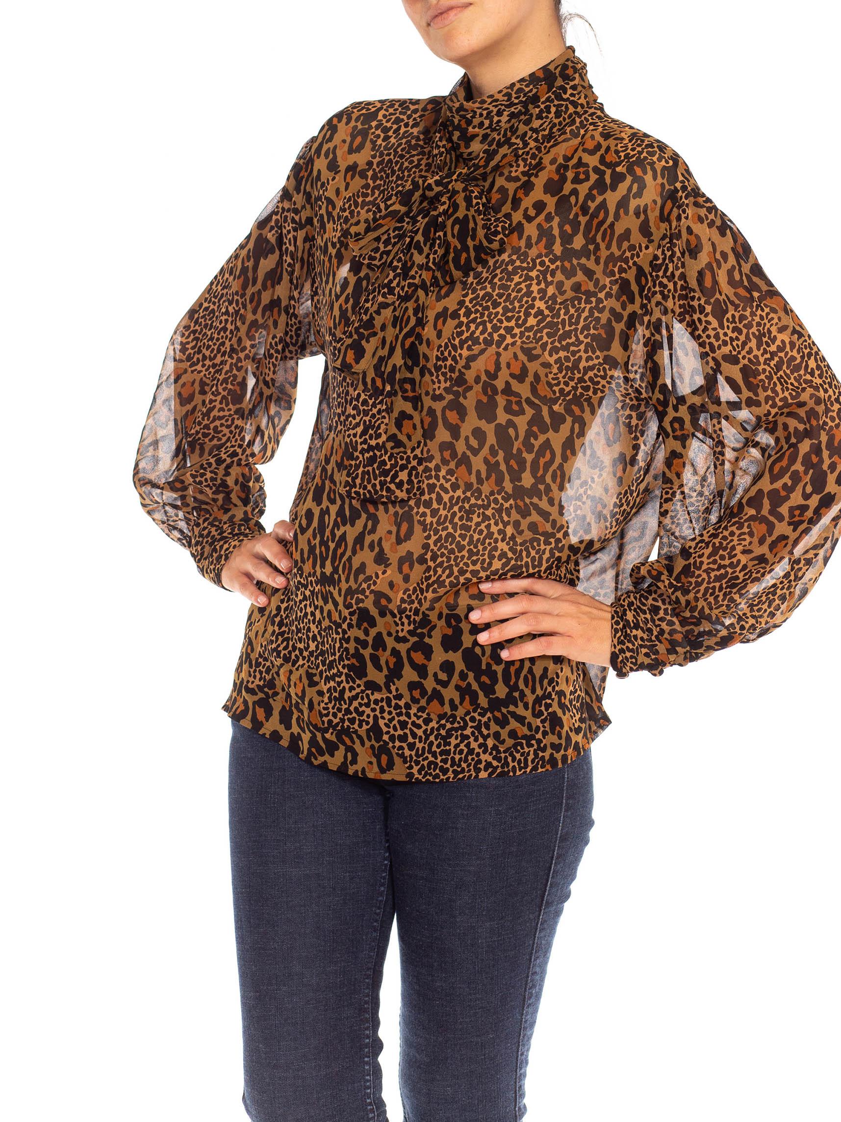 Women's 1990S Brown & Black Leopard Silk Chiffon Mixed Scale Print Blouse