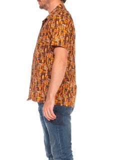 1990S Brown Cotton Cigar Novelty Print Men's Shirt