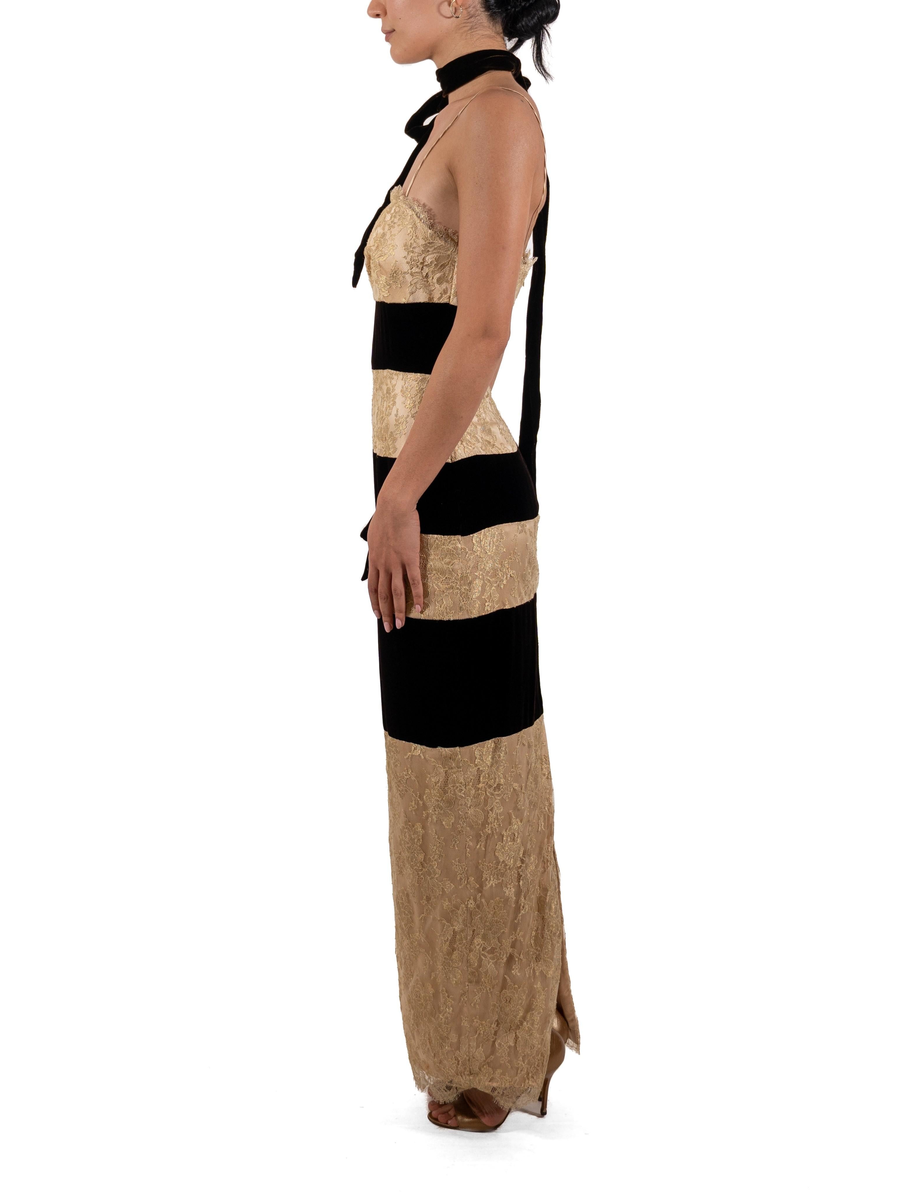 This gown retains no label, however the amount of hand-finishing points to Haute Couture or custom made quality, fully lined in silk. 1990S Brown & Gold Silk Velvet Metallic Lace Strapless Gown 