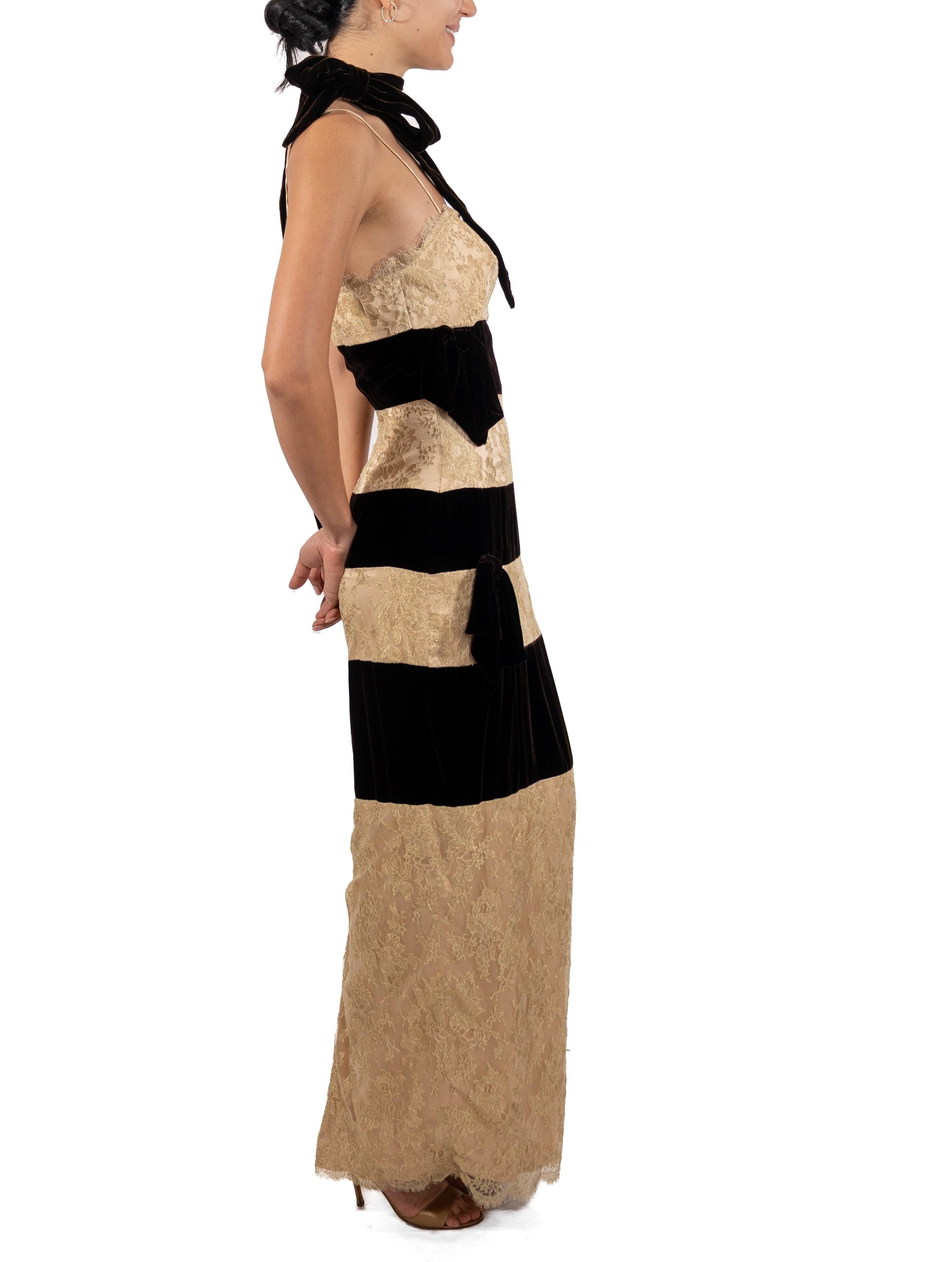 1990S Brown & Gold Silk Velvet Metallic Lace Strapless Gown In Good Condition For Sale In New York, NY