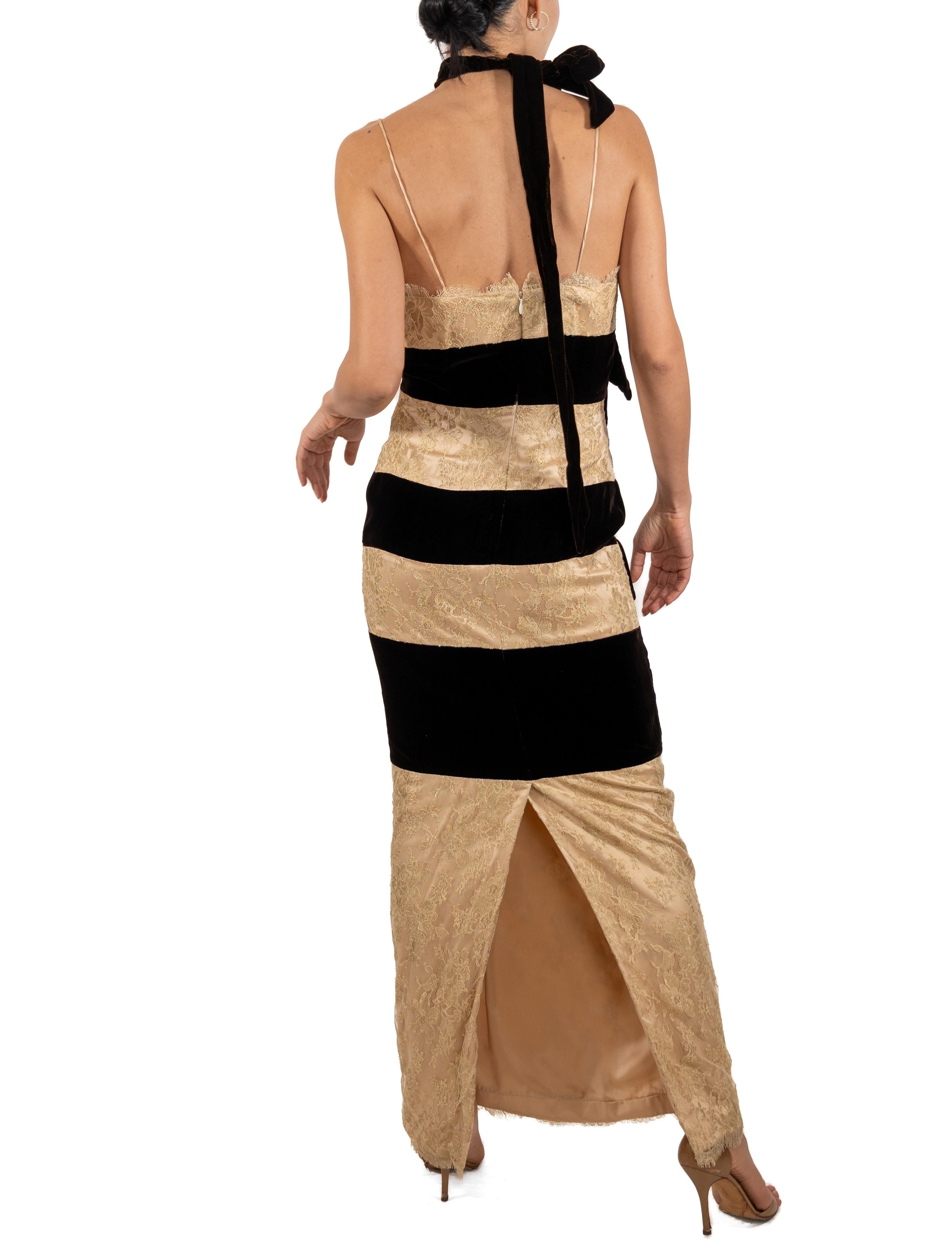 1990S Brown & Gold Silk Velvet Metallic Lace Strapless Gown For Sale 1