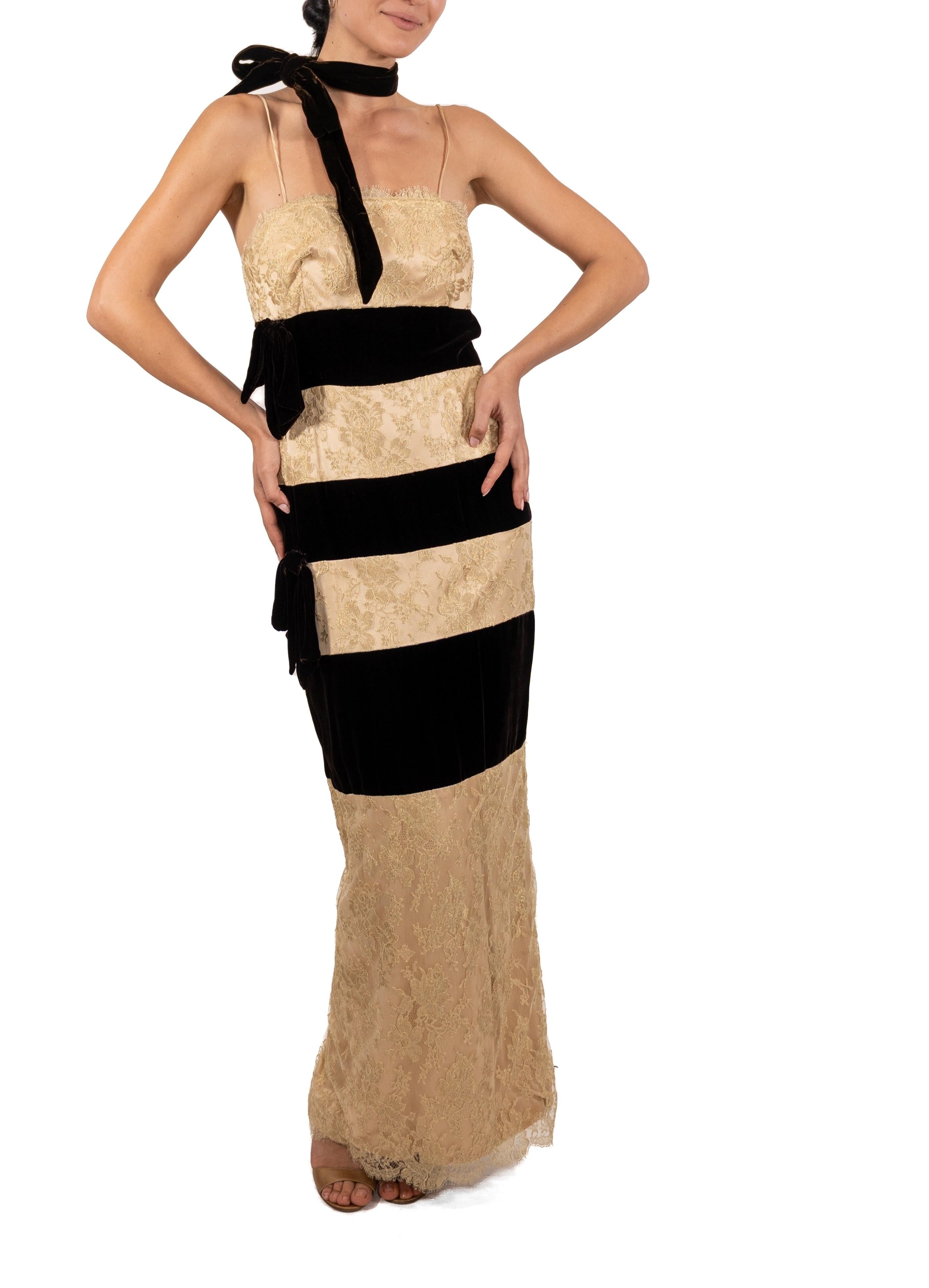 1990S Brown & Gold Silk Velvet Metallic Lace Strapless Gown For Sale 4