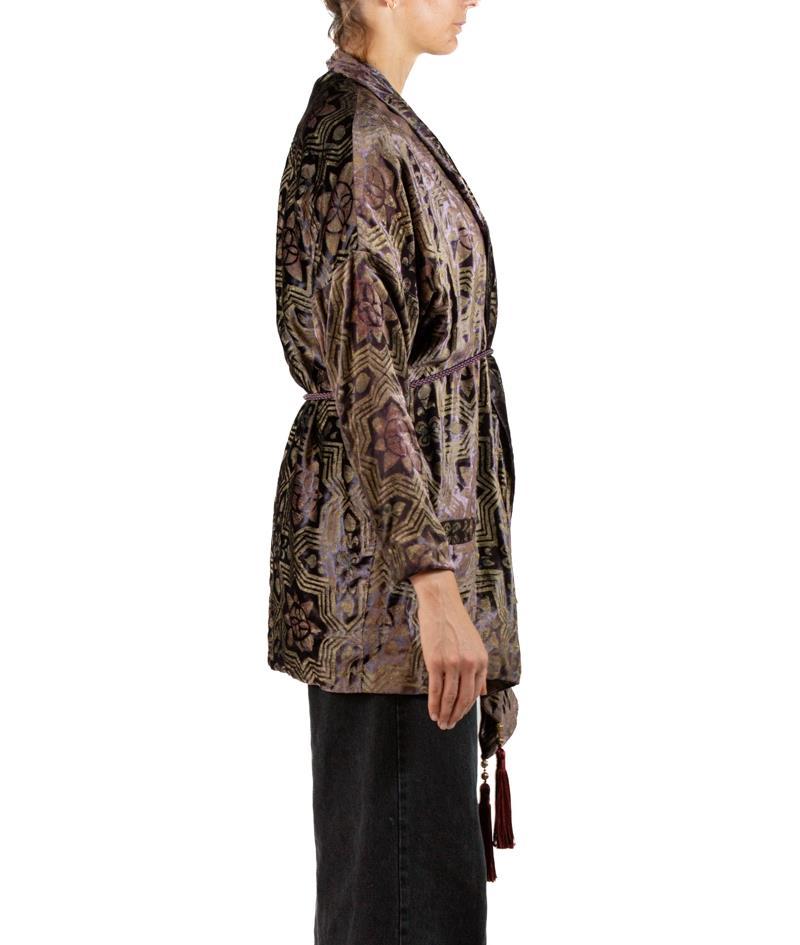 Black 1990S Brown Hand Painted Silk Velvet Jacket With Rope Belt For Sale