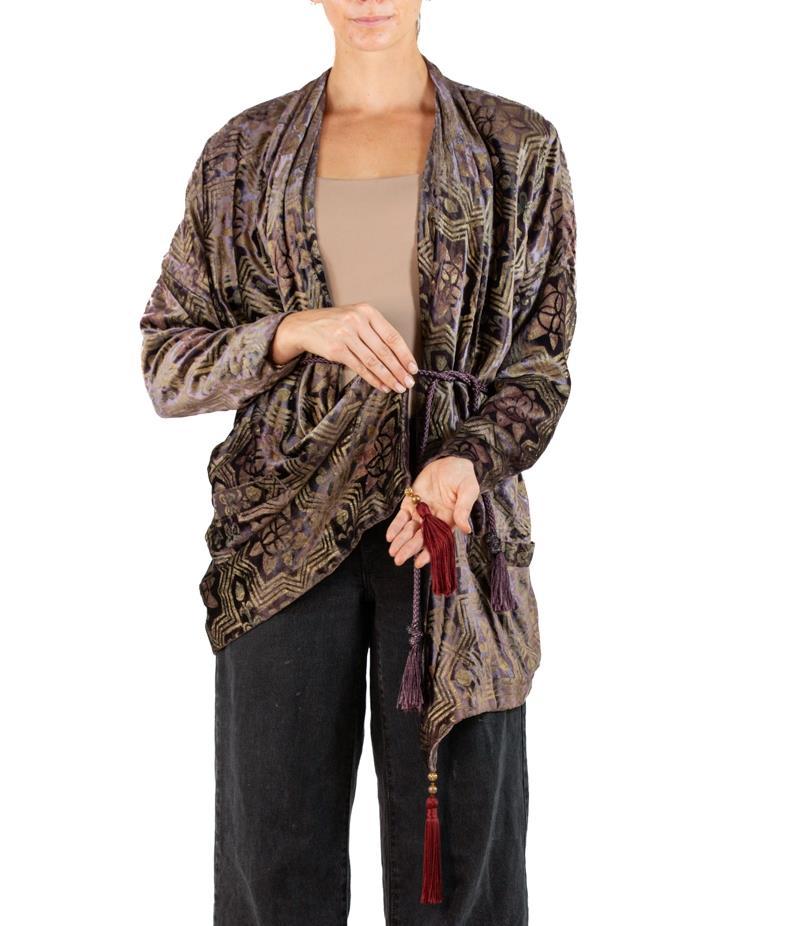 1990S Brown Hand Painted Silk Velvet Jacket With Rope Belt In Excellent Condition For Sale In New York, NY