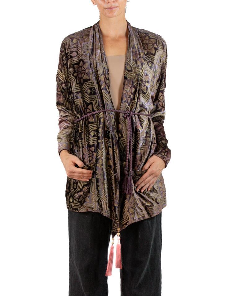 Women's 1990S Brown Hand Painted Silk Velvet Jacket With Rope Belt For Sale