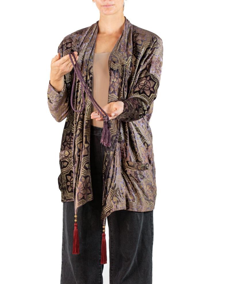 1990S Brown Hand Painted Silk Velvet Jacket With Rope Belt For Sale 1