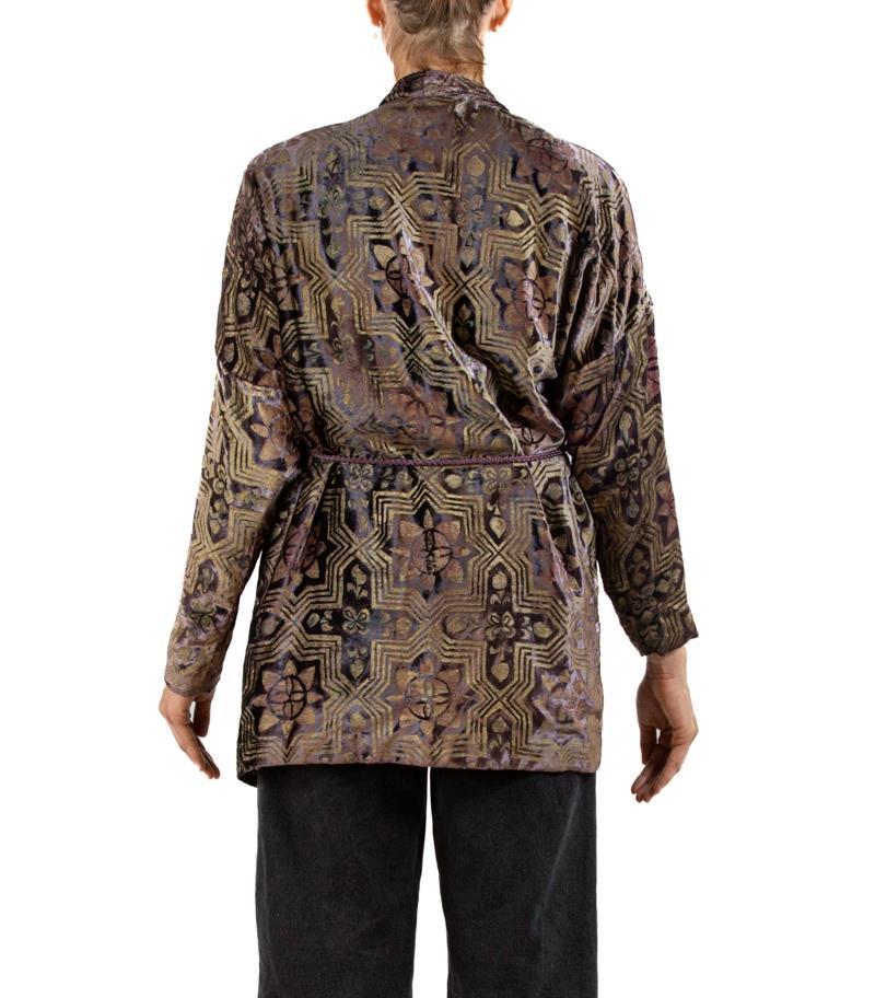 1990S Brown Hand Painted Silk Velvet Jacket With Rope Belt For Sale 2