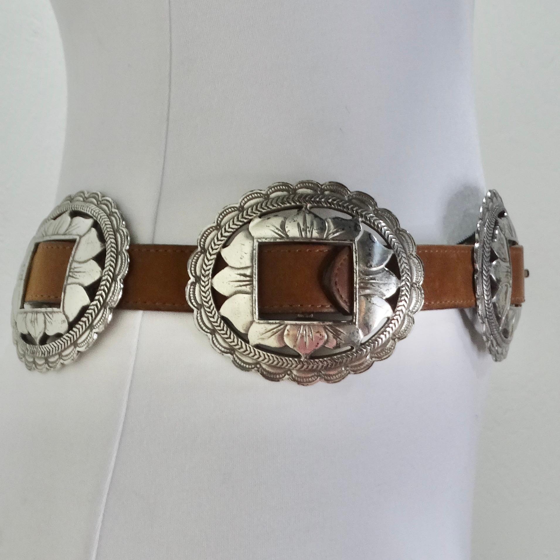 1990s Brown Leather Silver Tone Belt In Good Condition For Sale In Scottsdale, AZ