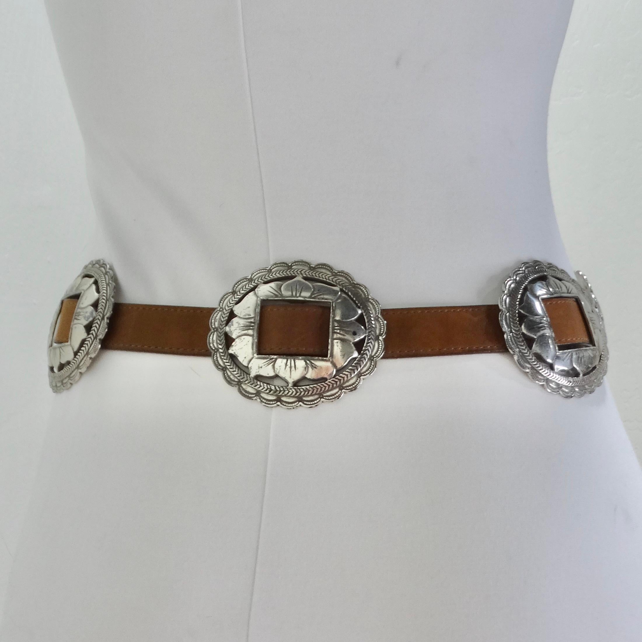 Women's or Men's 1990s Brown Leather Silver Tone Belt For Sale