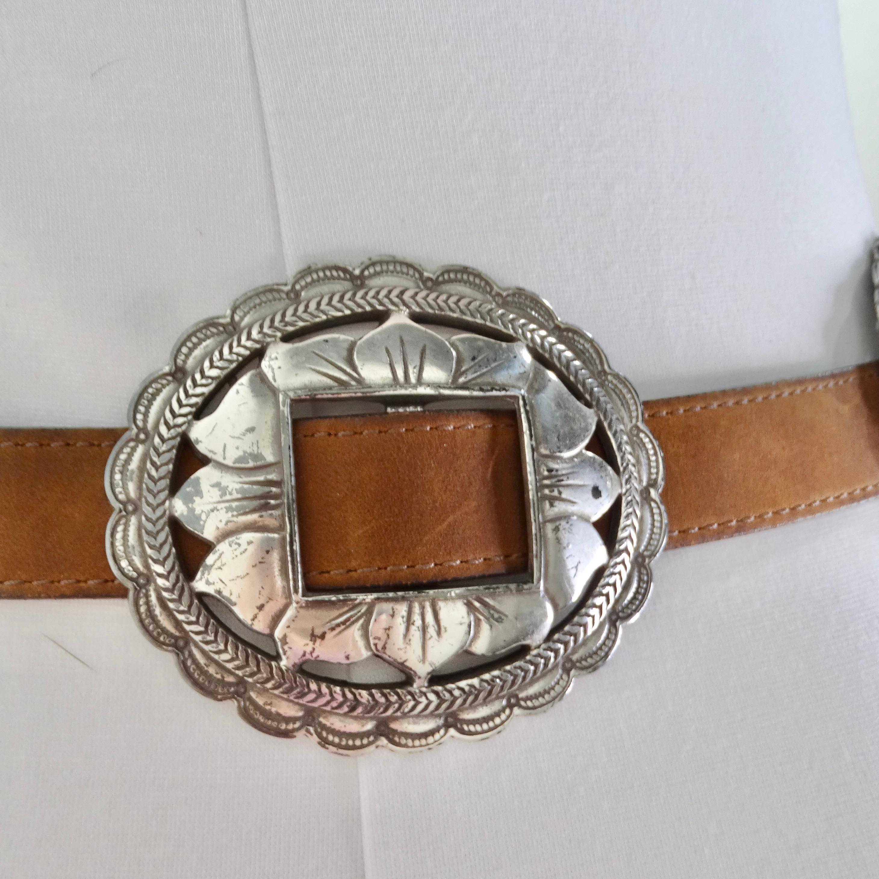 1990s Brown Leather Silver Tone Belt For Sale 1