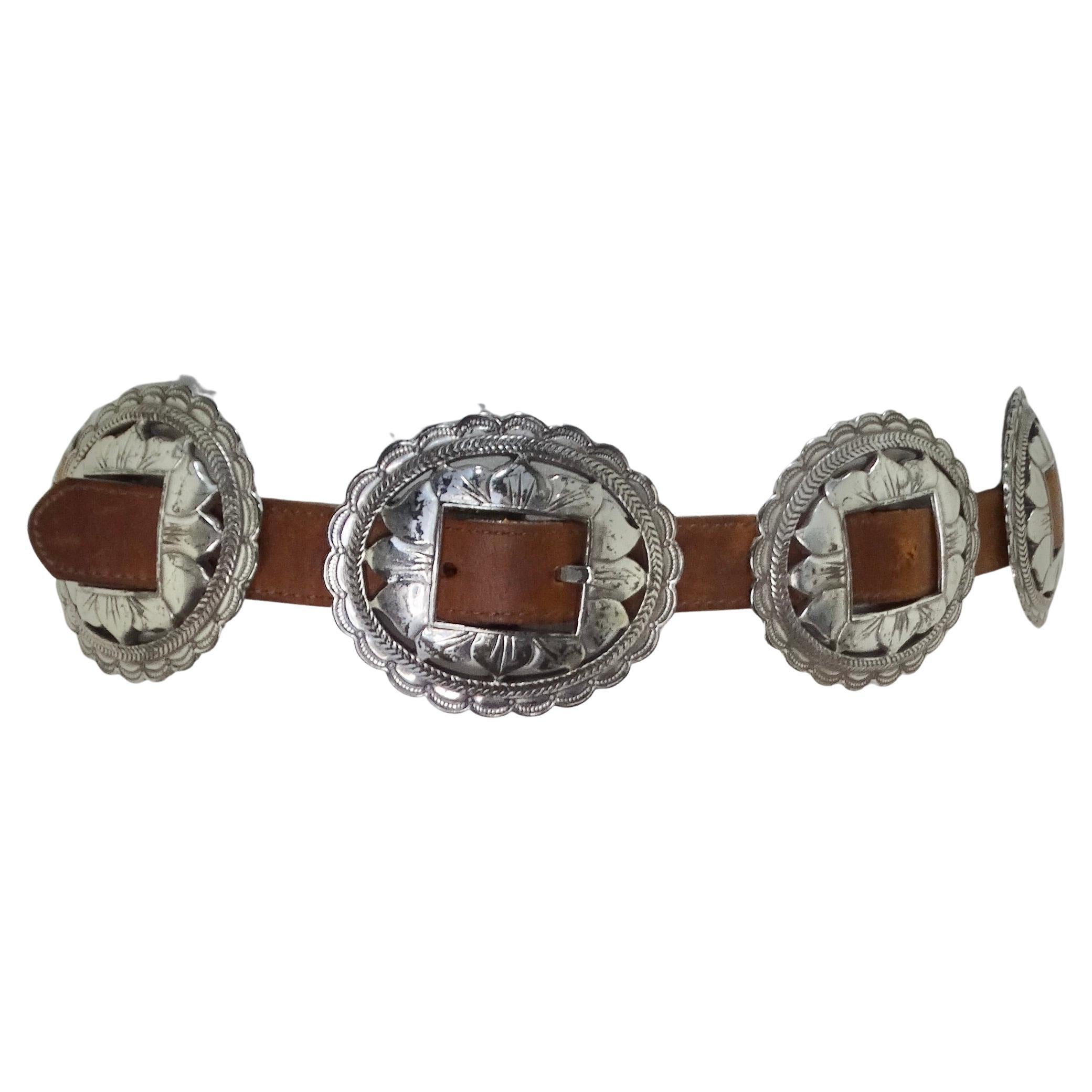 1990s Brown Leather Silver Tone Belt For Sale