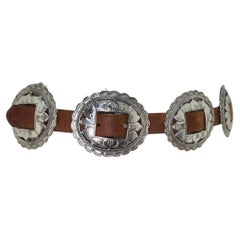 1990 Ceinture en cuir Brown Silver Tone