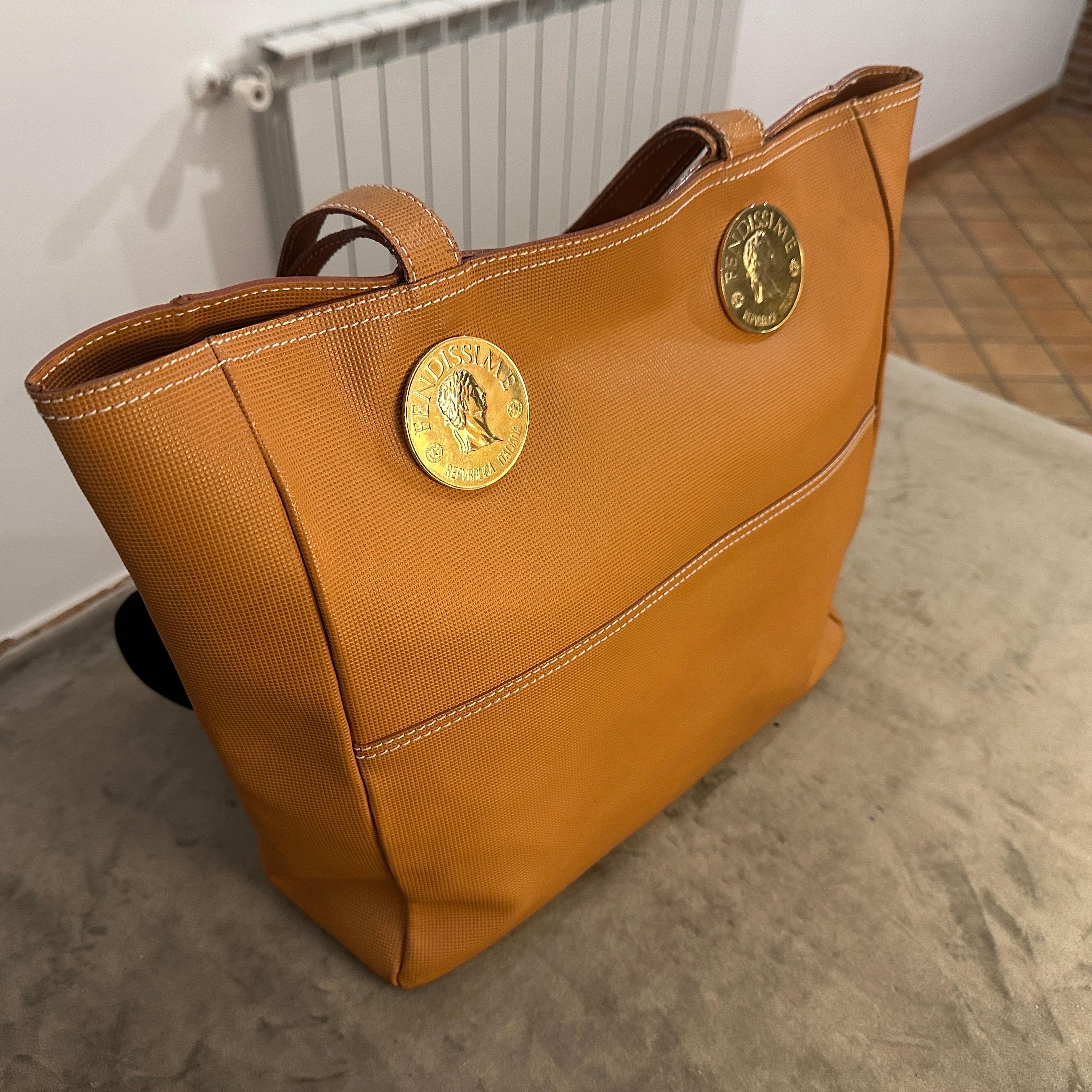Women's 1990s Brown Leather and Fabric Tote Bag by Fendissime For Sale
