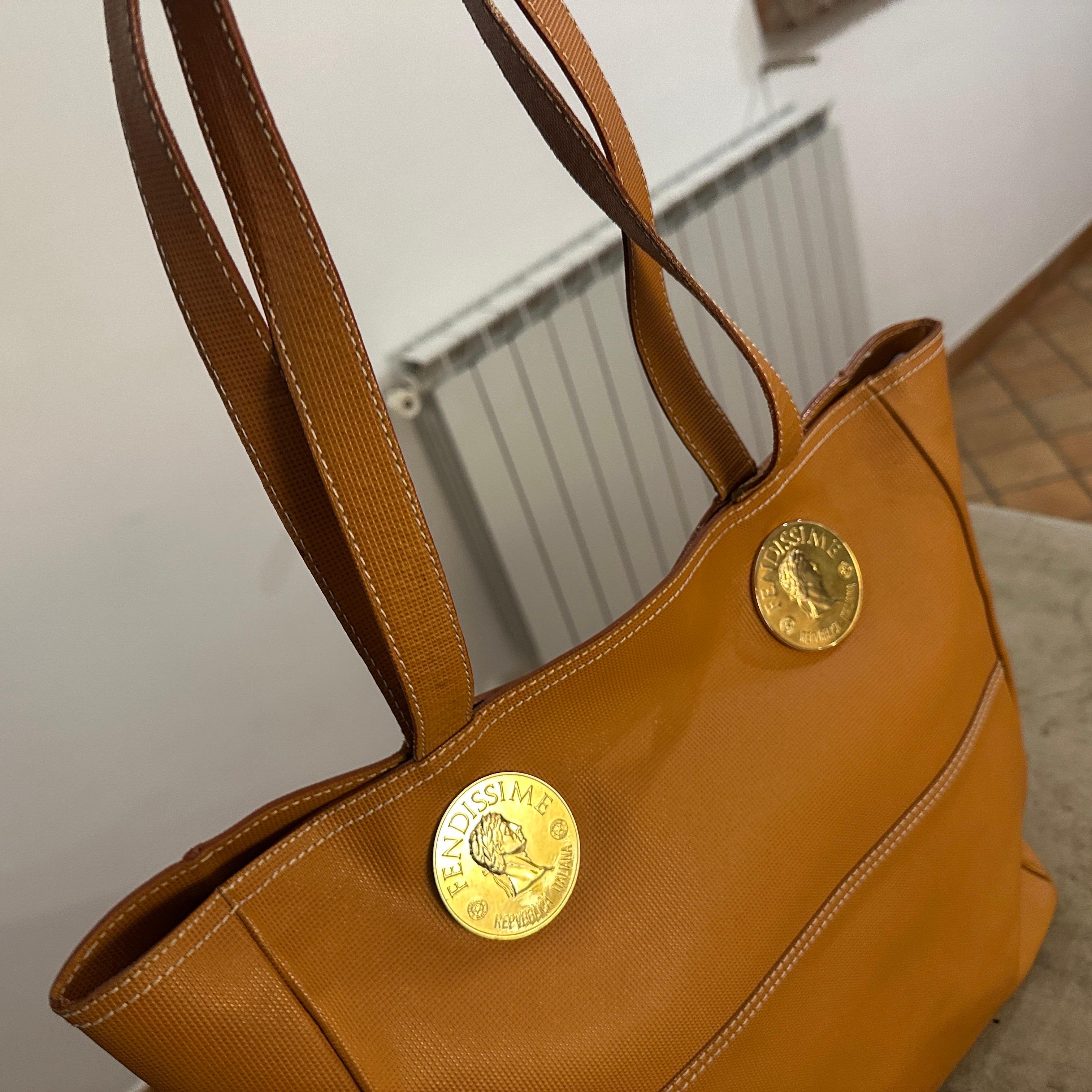 1990s Brown Leather and Fabric Tote Bag by Fendissime For Sale 1