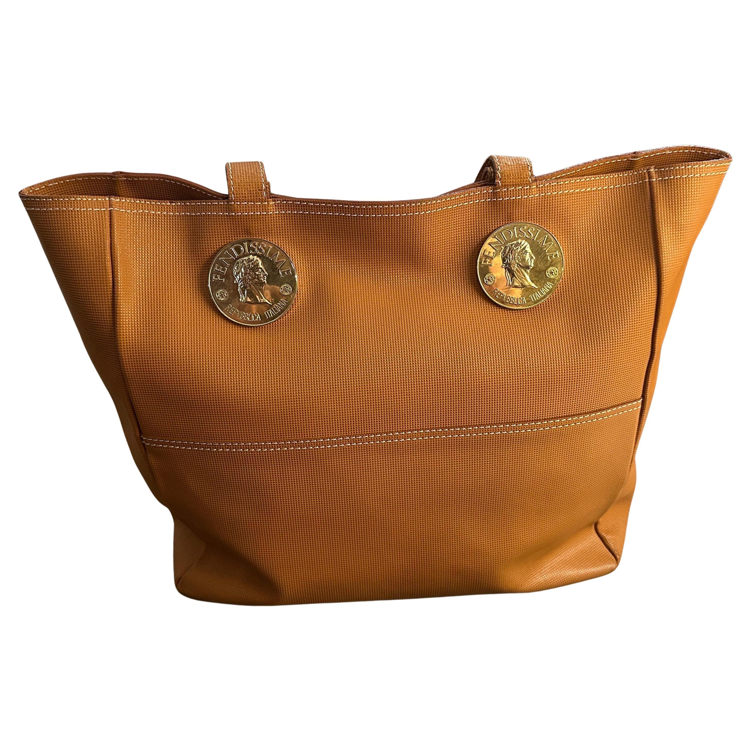 1990s Brown Leather and Fabric Tote Bag by Fendissime For Sale