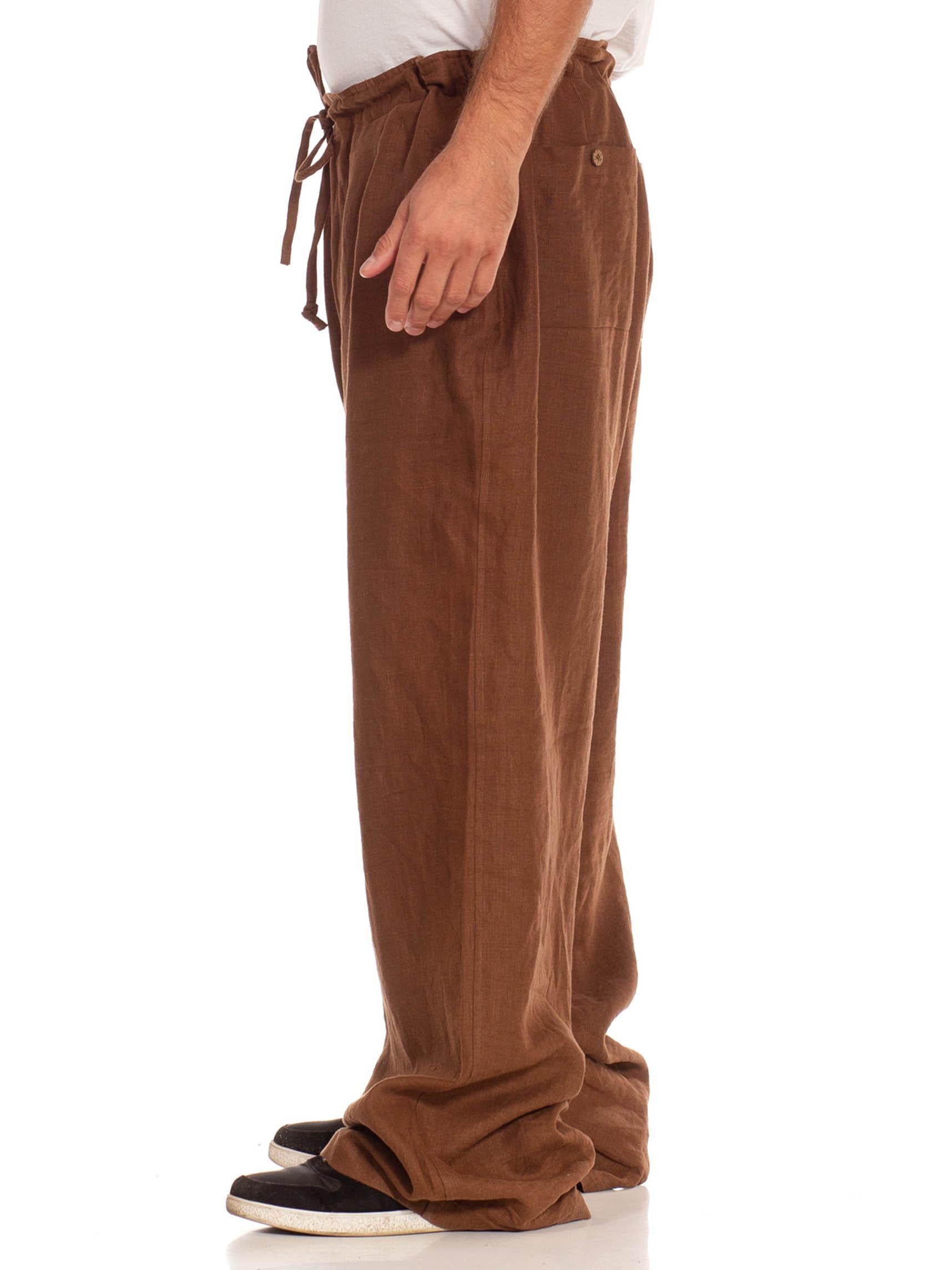 1990S Brown Linen Wide Legged Drawstring Men's Pants In Excellent Condition In New York, NY