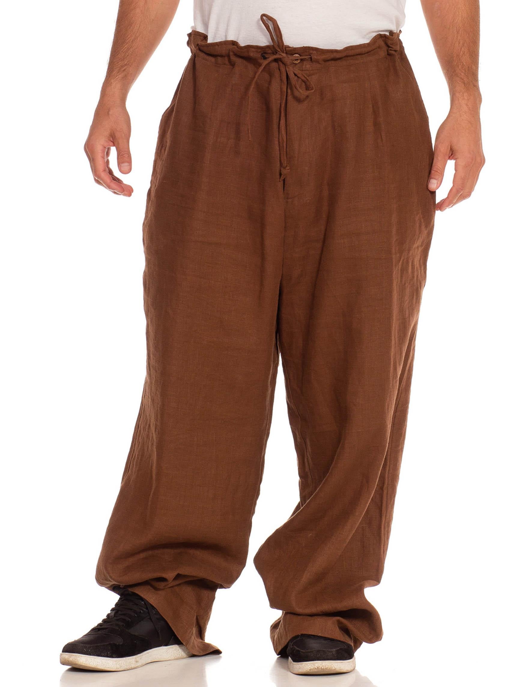 1990S Brown Linen Wide Legged Drawstring Men's Pants 1
