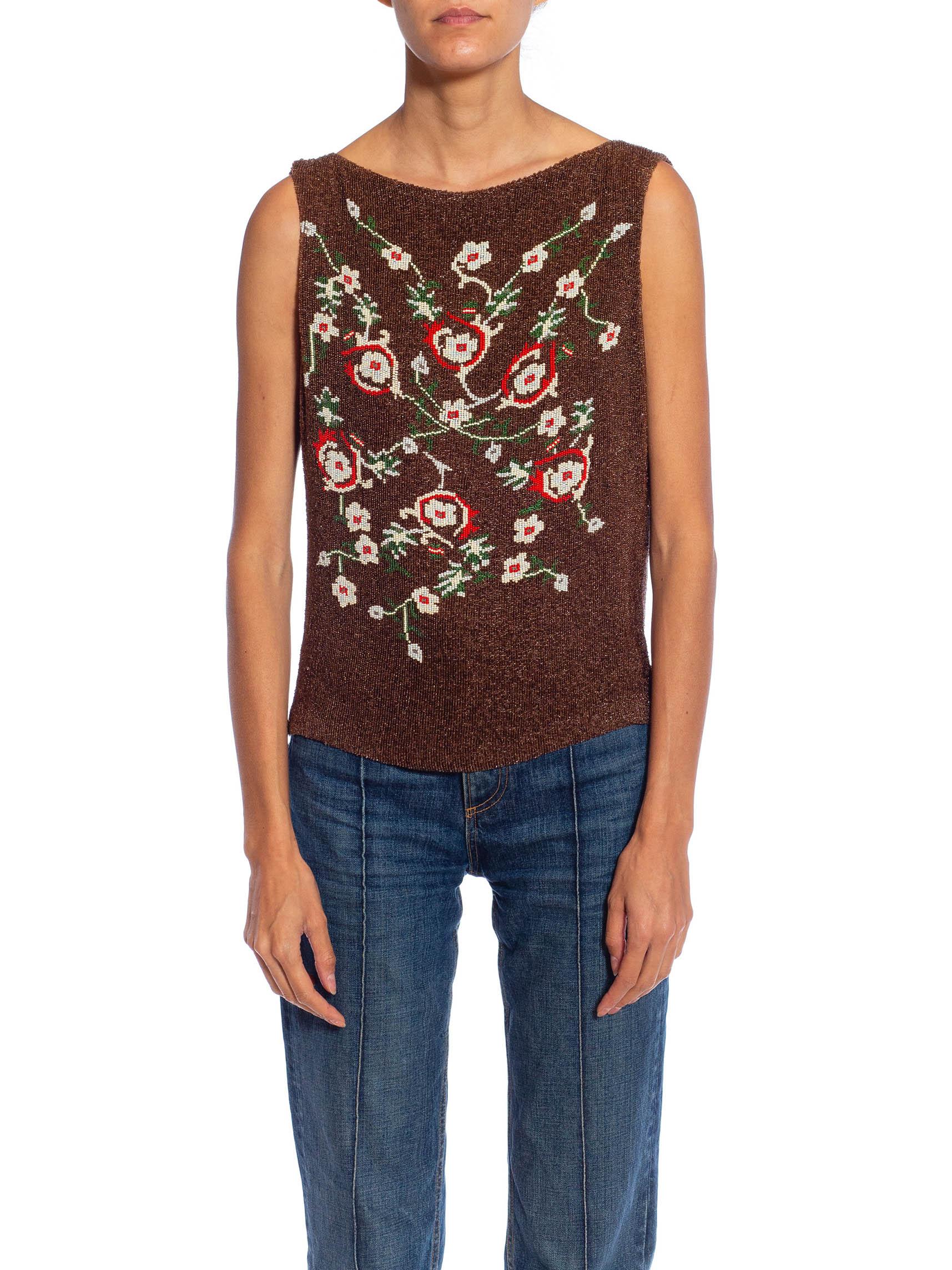 1990S Brown, Red & Green Floral Silk Beaded Top For Sale 6