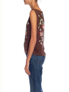 1990S Brown, Red & Green Floral Silk Beaded Top