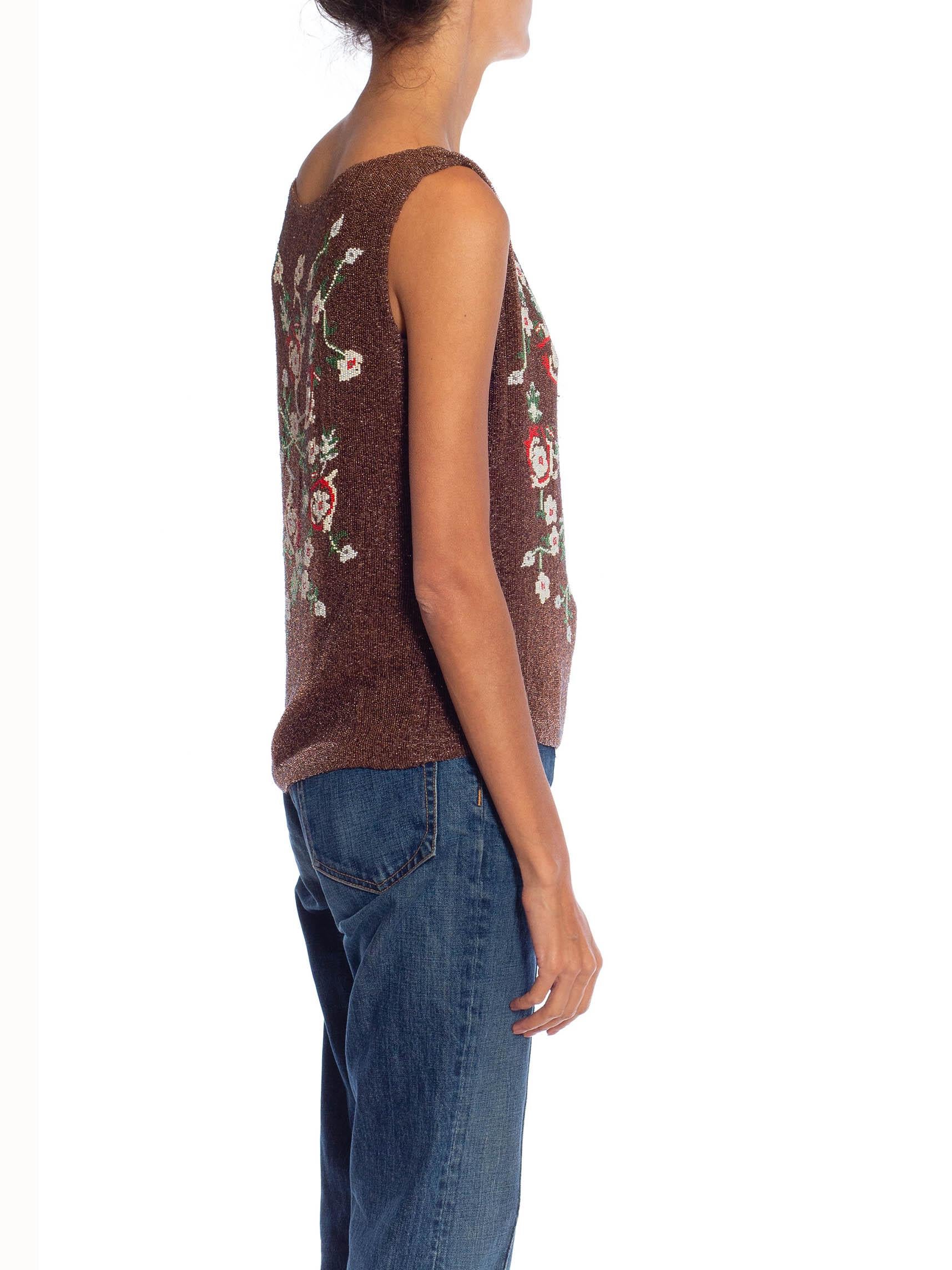 1990S Brown, Red & Green Floral Silk Beaded Top In Excellent Condition For Sale In New York, NY
