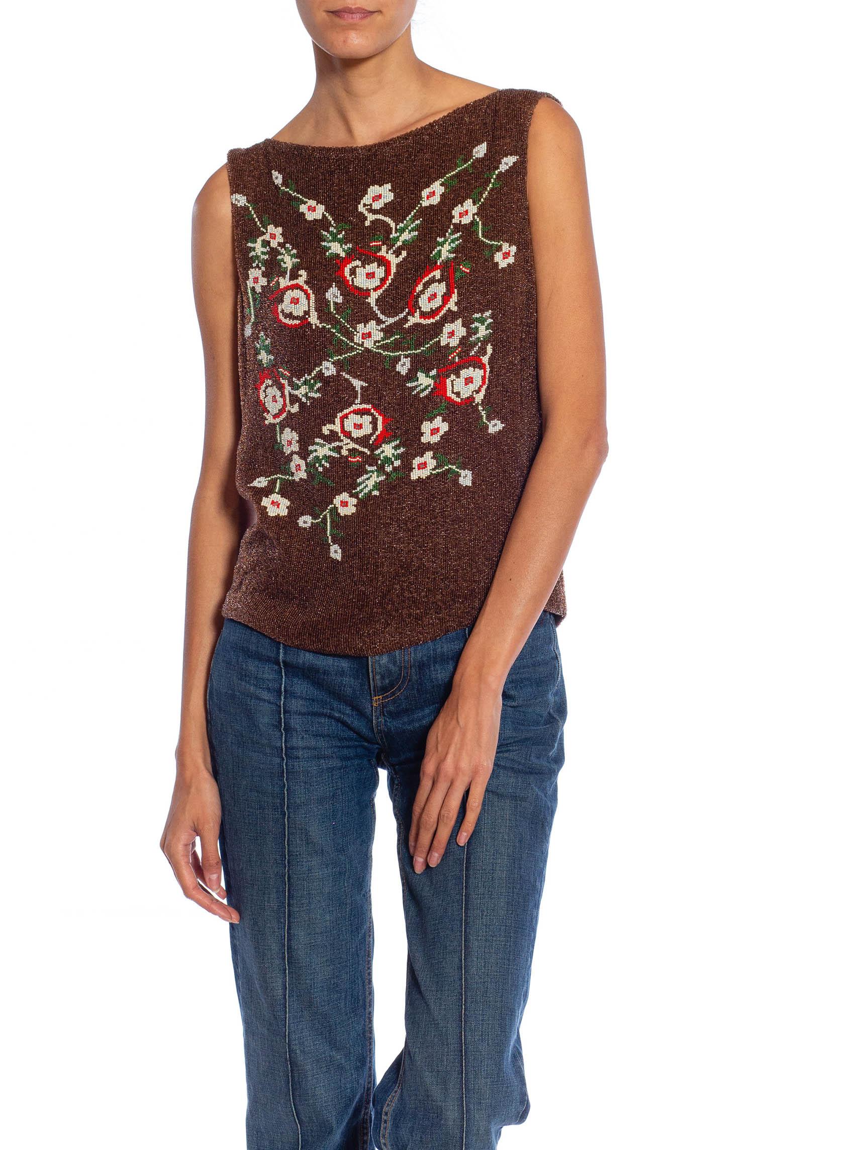 Women's 1990S Brown, Red & Green Floral Silk Beaded Top For Sale