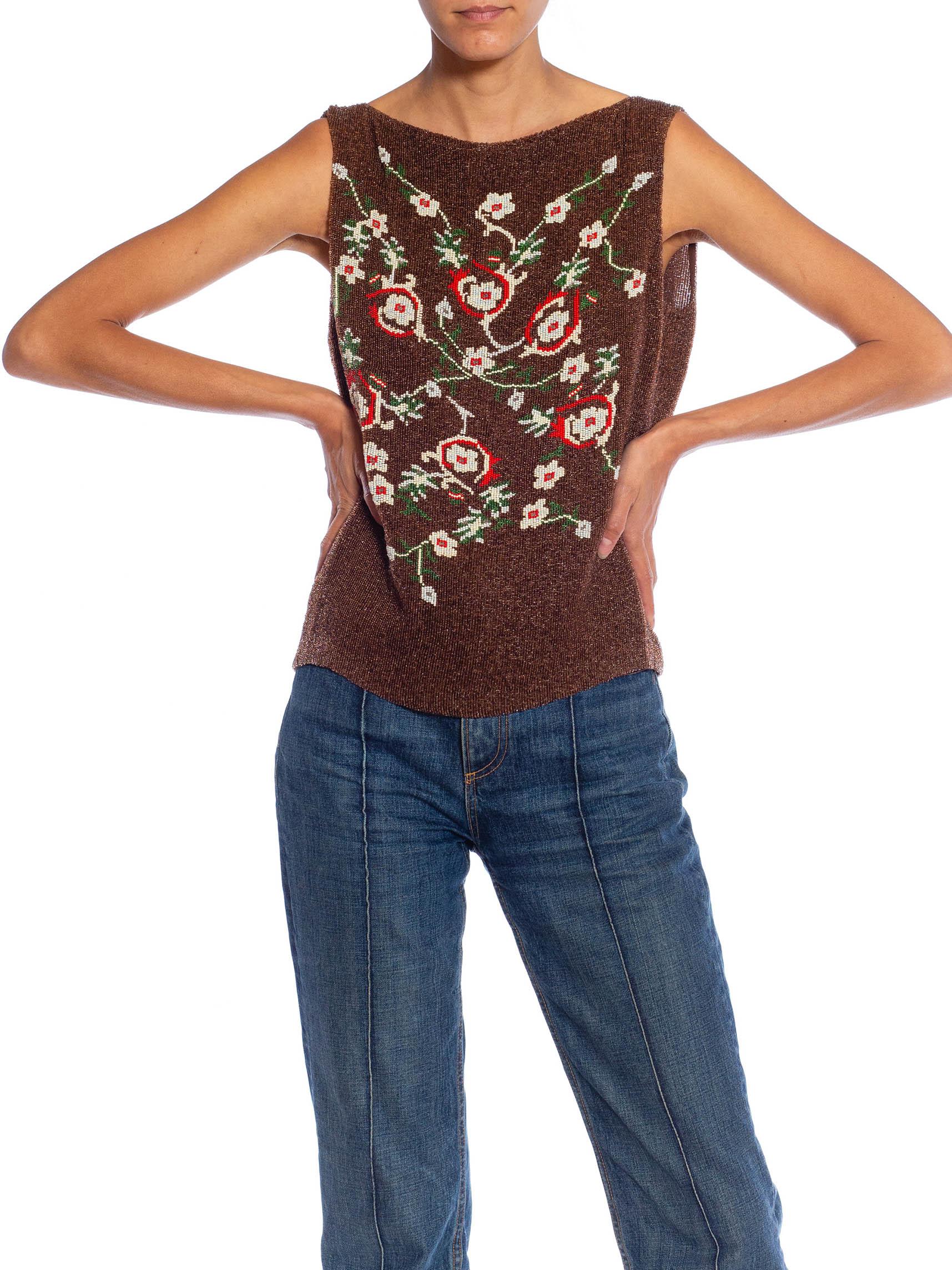 1990S Brown, Red & Green Floral Silk Beaded Top For Sale 1