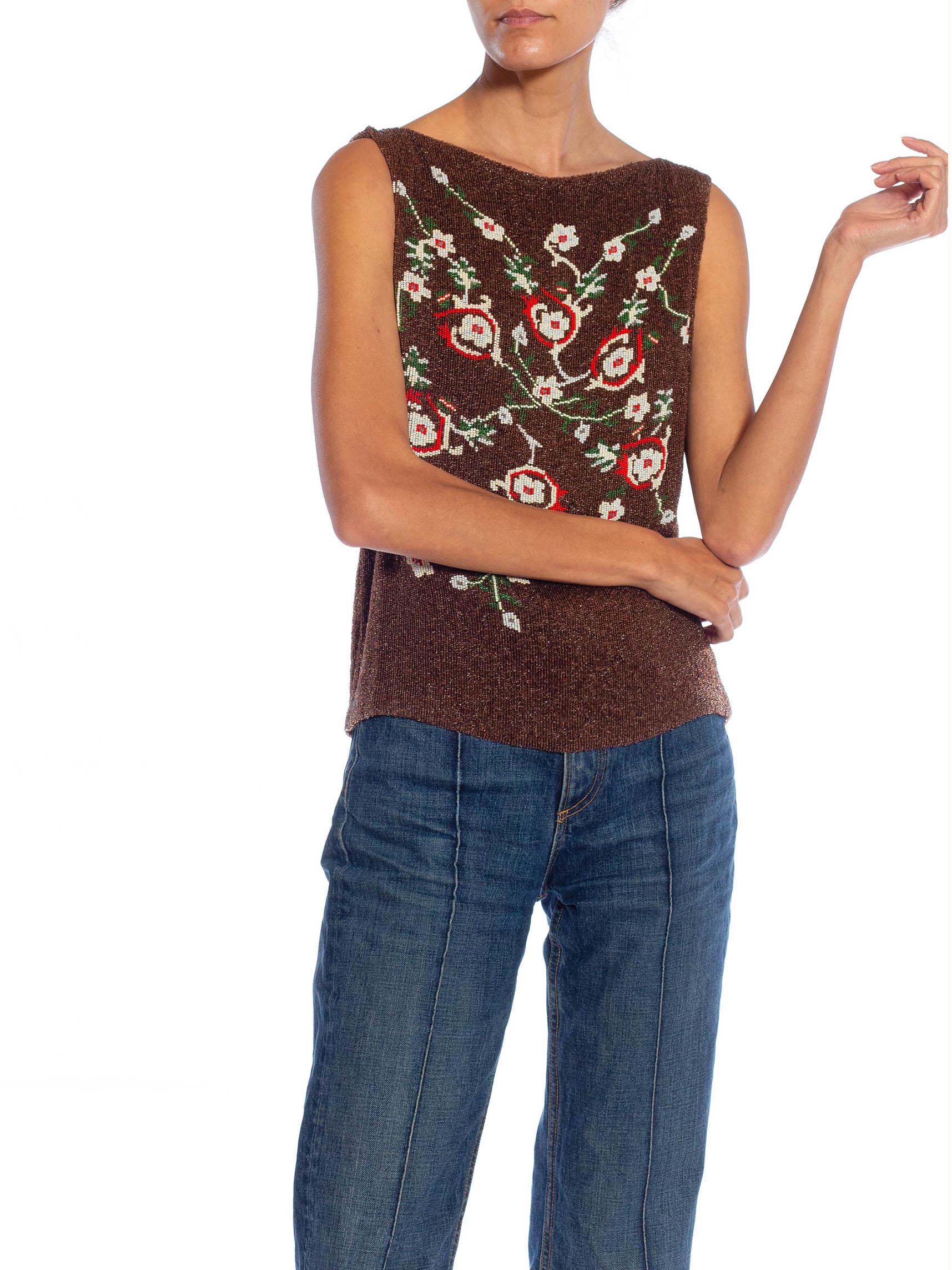 1990S Brown, Red & Green Floral Silk Beaded Top For Sale 2