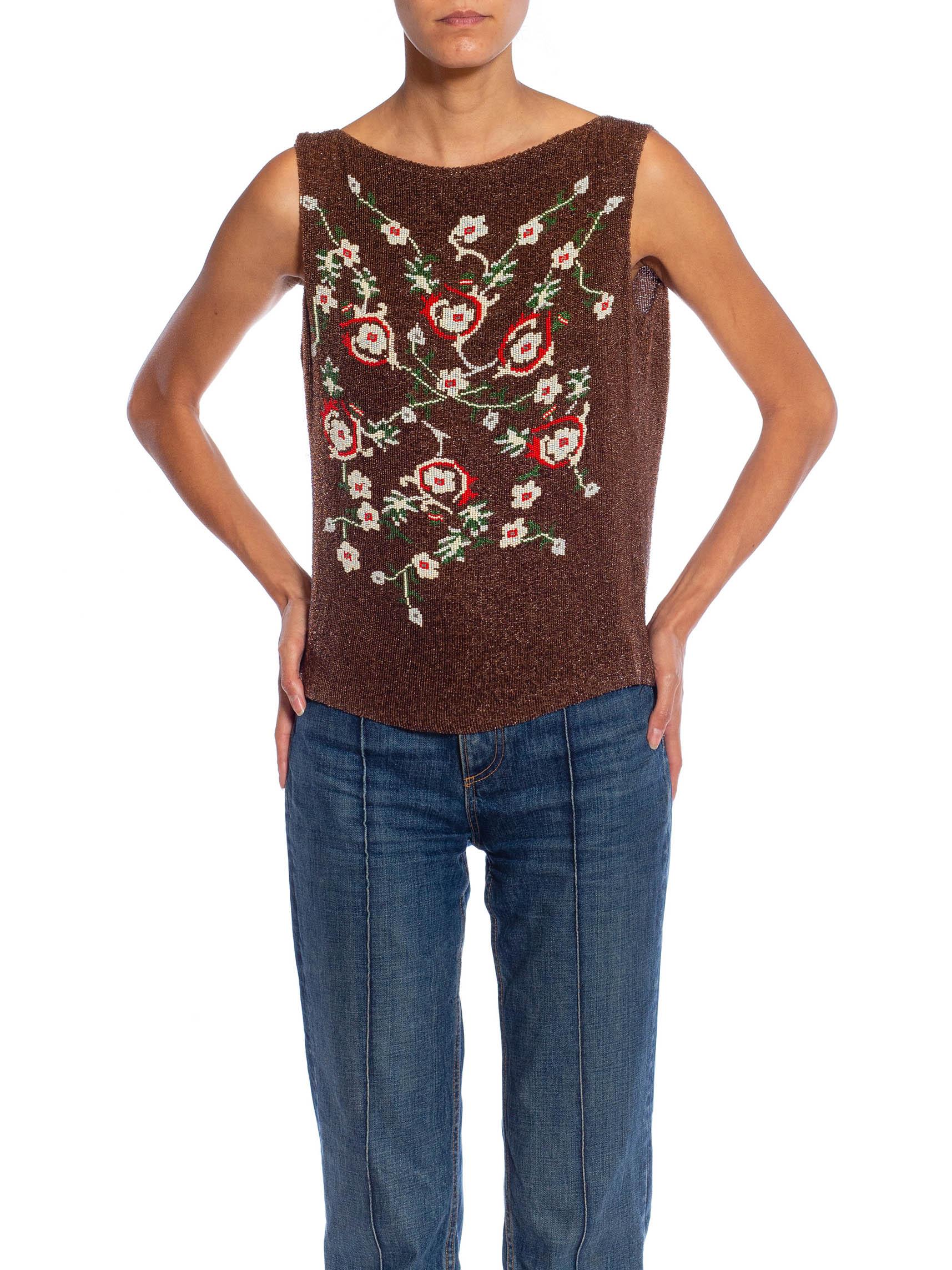 1990S Brown, Red & Green Floral Silk Beaded Top For Sale 3