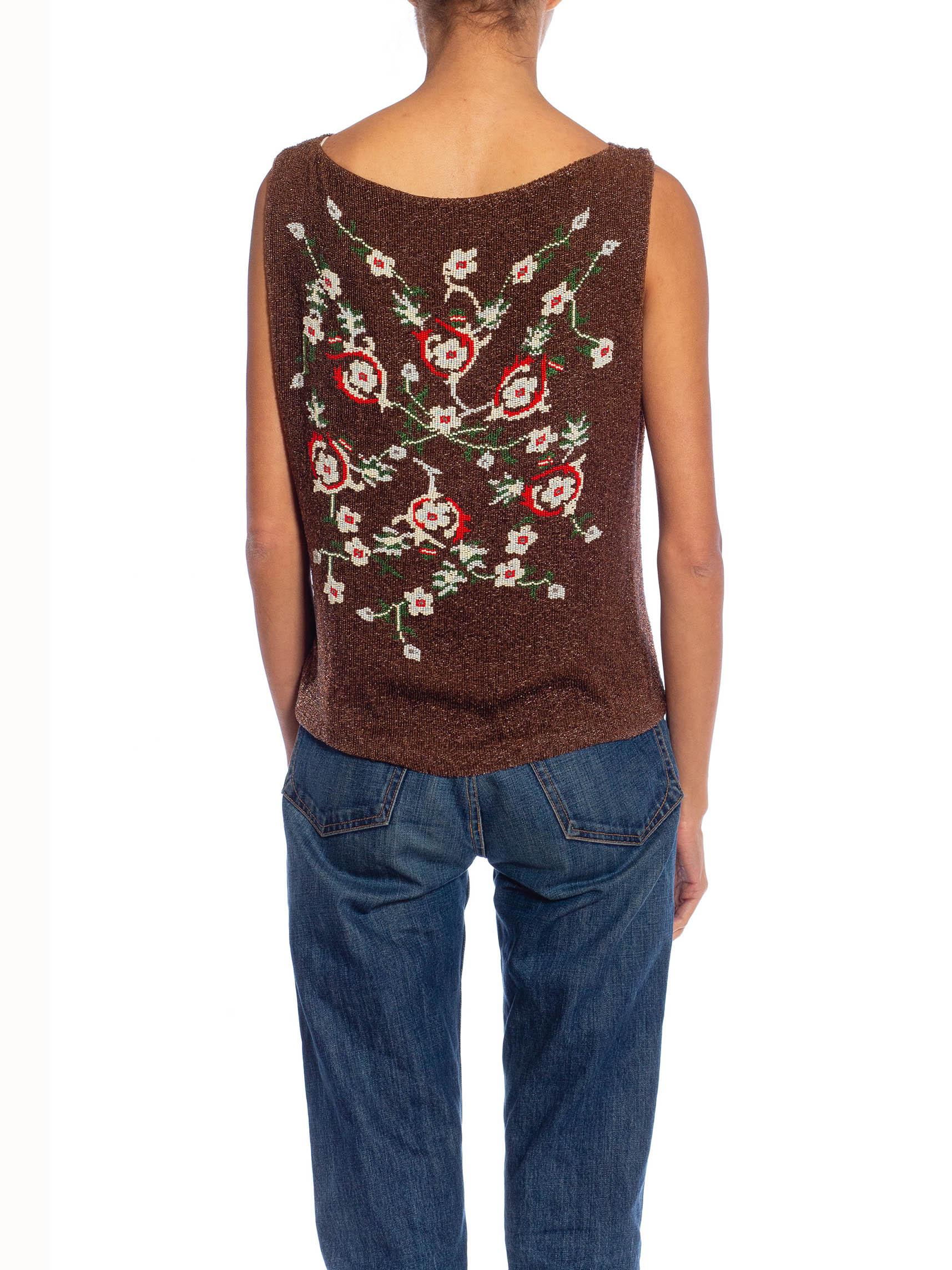 1990S Brown, Red & Green Floral Silk Beaded Top For Sale 4