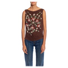 Haut en soie perlée à fleurs marron, rouge et verte, années 1990