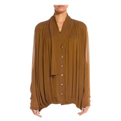 1990S Brown Silk Blend Chiffon Italian Pleated Button Up Blouse