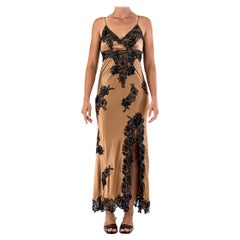 1990S Brown Silk Charmeuse Gown With Beaded Lace And High Slit